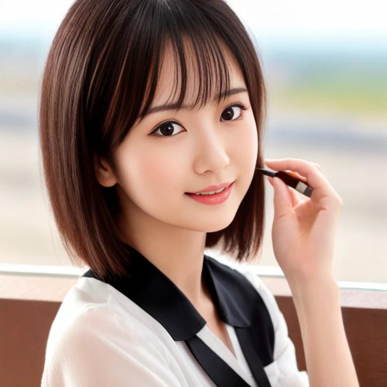 masterpiece、highest quality、High resolution、Tabletop、wallpaper、Realistic、Professional Lighting、Face Light、Smooth lighting、Japanese women、Beautiful woman、Age 25、Beautiful Skin、Beautiful and detailed、Detailed face、short hair、Black Hair、Brown eyes、Looking at the camera、Upper Body Shot, A stylish cafe terrace inside the airport, 1 girl, 若くて美しいJapanese women, Long Hair, Super cute face,Wearing a short-sleeved satin silk white shirt with a collar, Lots of smiles on the airport cafe terrace, Glossy Lips, Double eyelids on both eyes, Natural Makeup, Long eyelashes, shiny smooth black hair、Attention to detail, Detailed hairstyle, Perfect body,Before you leave for your trip abroad