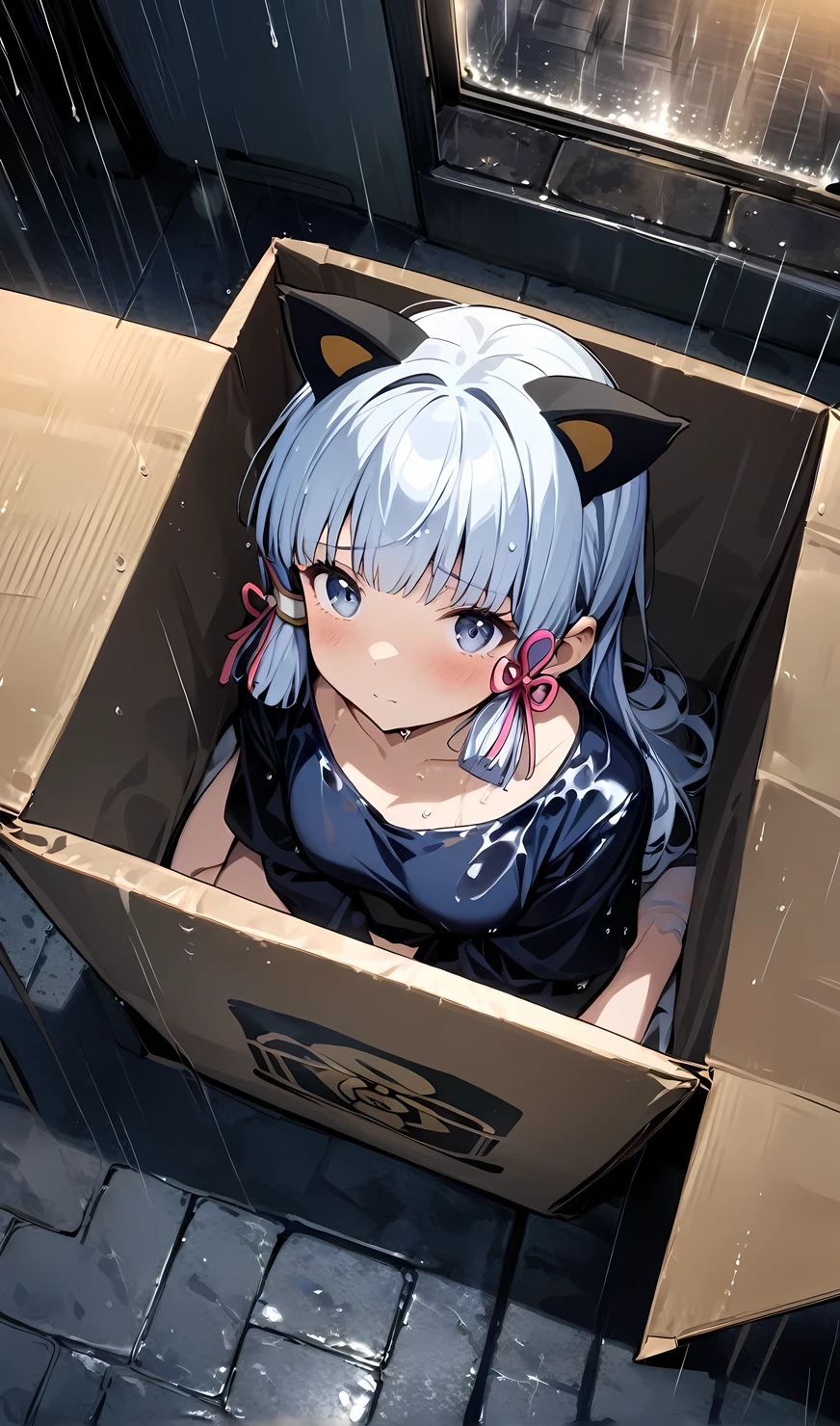 Kamisato Ayaka, 1 girl, cat_noir, cat ears, sitting in a cardboard box, for adoption, in a box, streets, night, rain, raining, wet clothes, wet hair, from above, looking at viewer, shy, very shy, masterpiece, best quality, very aesthetic, absurdres