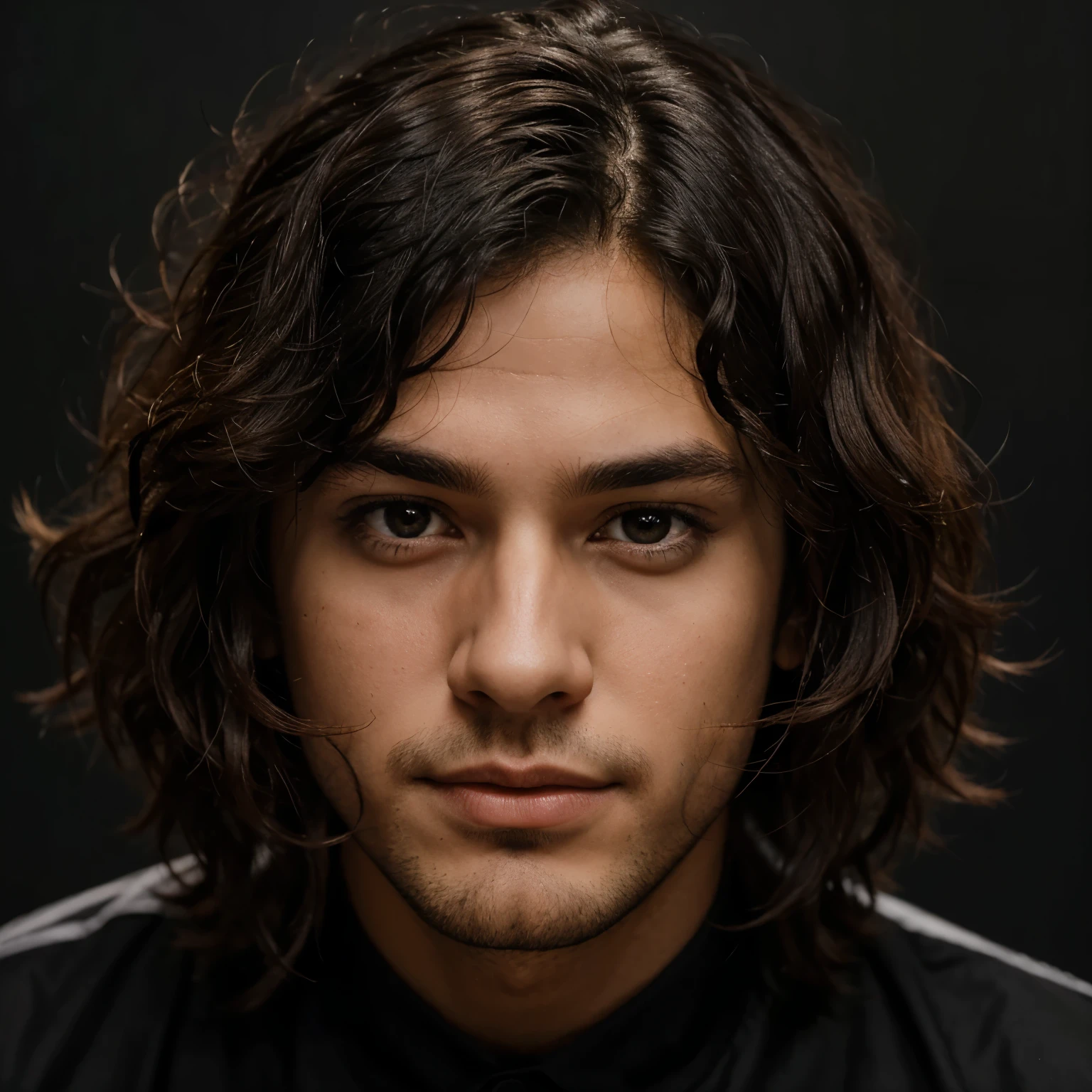 24 year young handsome boy with black colour back ground , he's looking at camera focus on his face he's hair is curly and silky mix