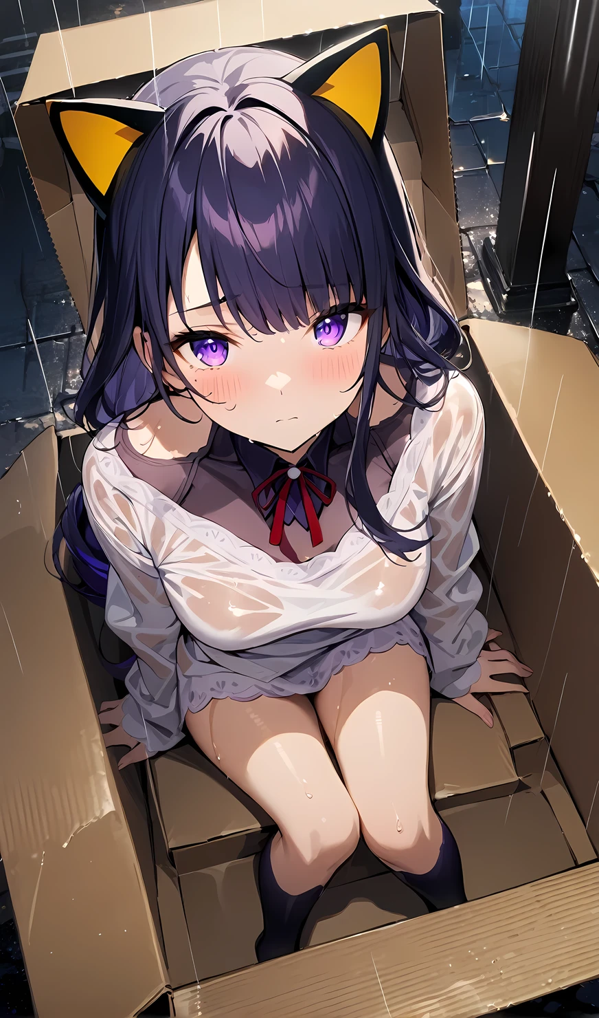 Raiden Shogun, 1 girl, cat_noir, cat ears, sitting in a cardboard box, for adoption, in a box, streets, night, rain, raining, wet clothes, wet hair, from above, looking at viewer, shy, very shy, masterpiece, best quality, very aesthetic, absurdres