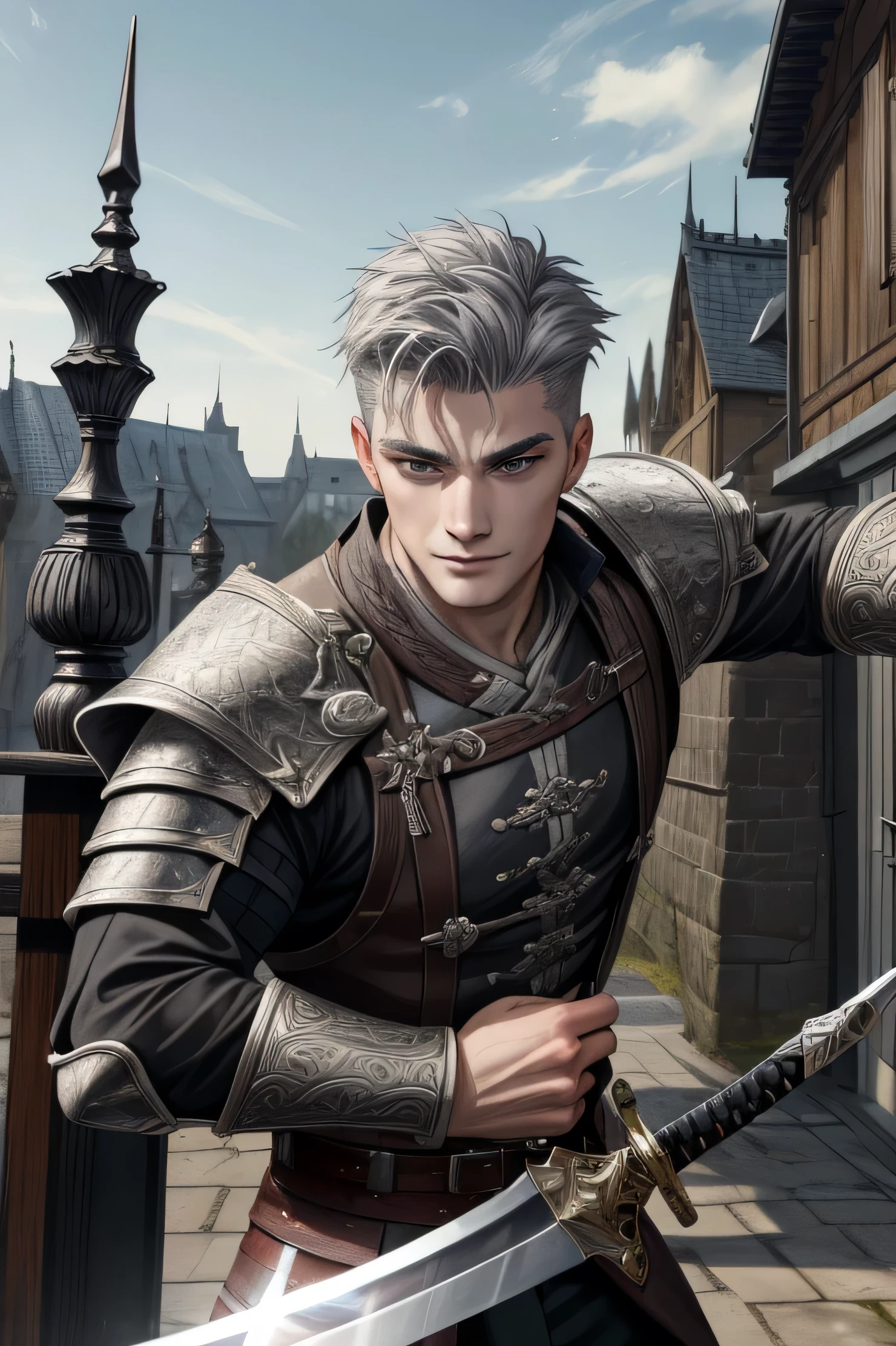 (Absurdres, Intricate Details, Masterpiece, Best Quality, High Resolution, 8k), 1 male, masculine, young, aged up, dreadful, finely detailed eyes and face, white gray short back and sides hair, black eyes,  portrait,  looking at viewer, solo, (full body:0.6), derailed eyes, calm smile, mad face, detail face, try to kill enemy, long sword, masculine, young, aged up, fighting with long sword and shild, fighting with sword, holding a shild, iron shild, leather armor, in castle background, fighting in practice swordsman, glove, VFX.