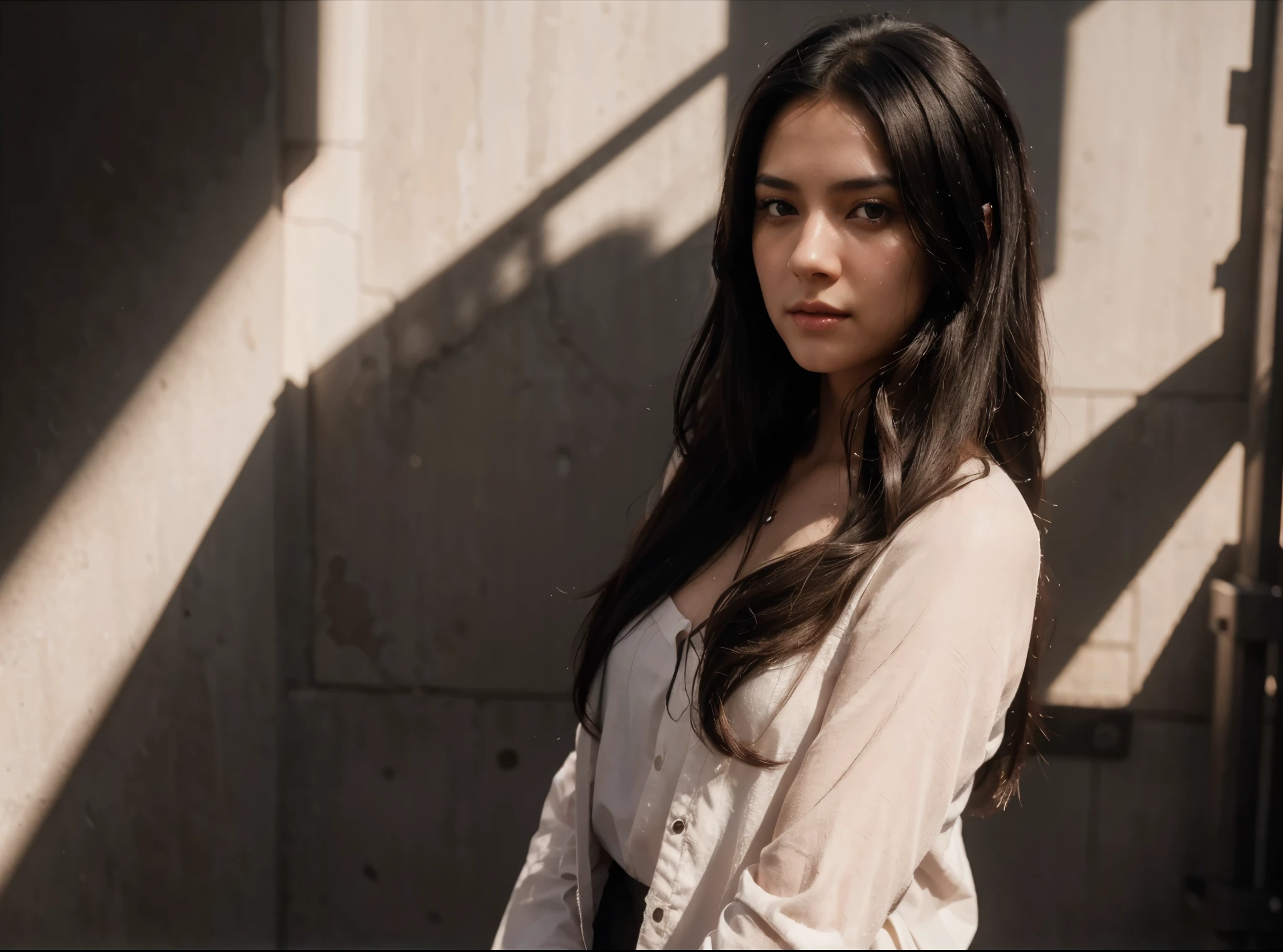 Black hair,long hair,single sidelock hairpin blush modern cinematic lighting,ray tracing,drop shadow wide shot UHD,textured skin,high details,best quality 4K