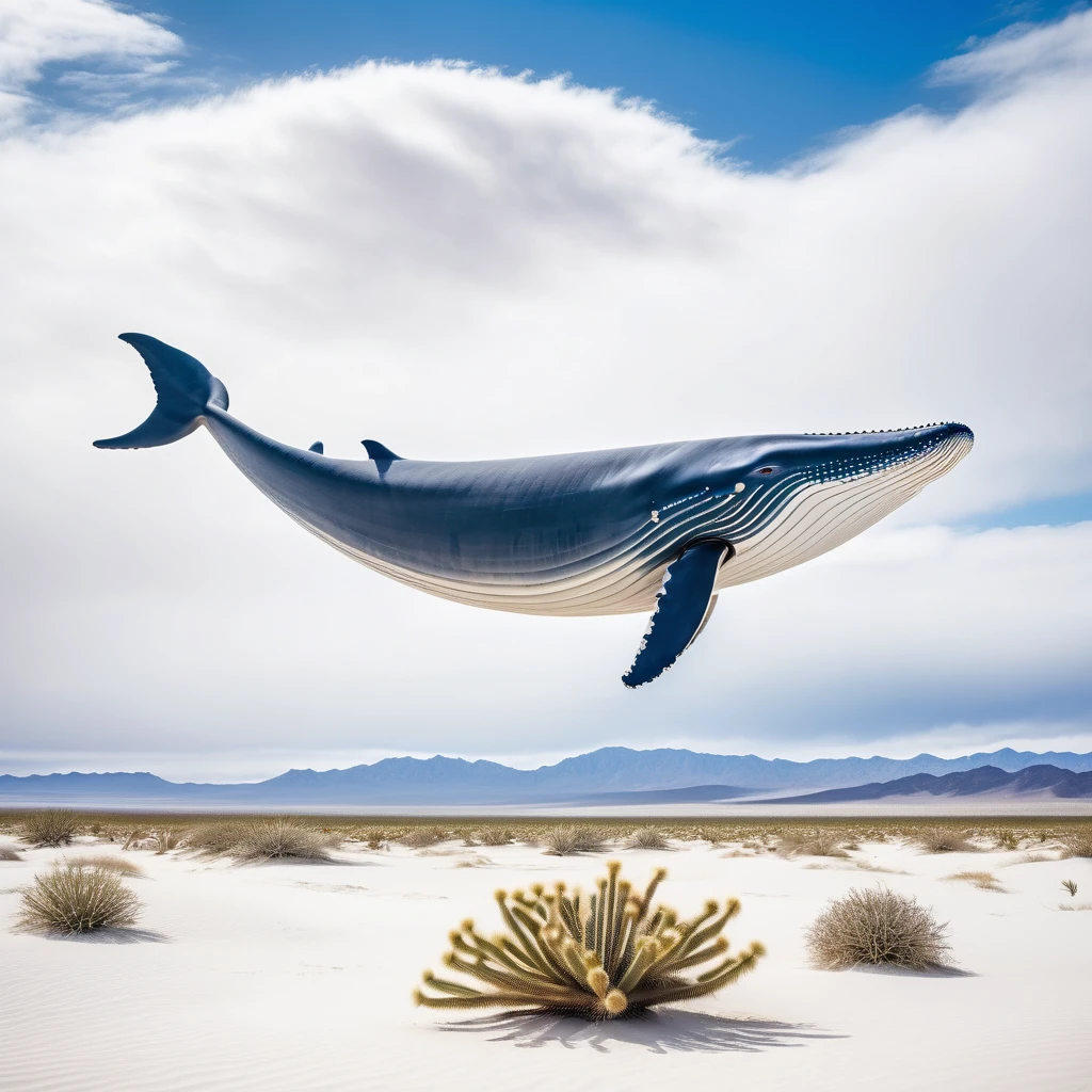 A large, imposing blue whale, gracefully floating against gravity amidst fluffy white clouds. This surreal scene is set in an expansive desert backdrop, sprinkled with small groups of cacti and sand dunes undulating to the horizon. The sky above the whale and desert is cast in a soft afternoon hue, adding a warm ambience to this otherwise barren landscape.