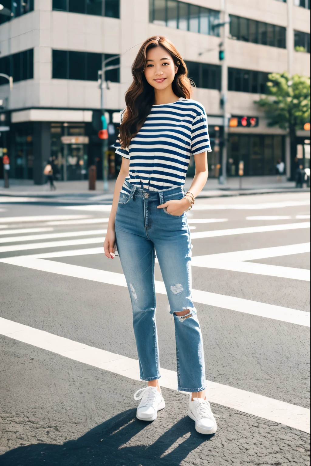 Top quality, 8K, Japanese mixed-race woman, long wavy brown hair, wearing a relaxed fit striped shirt and jeans, white sneakers, standing, looking at viewer, urban street background, full body, natural light