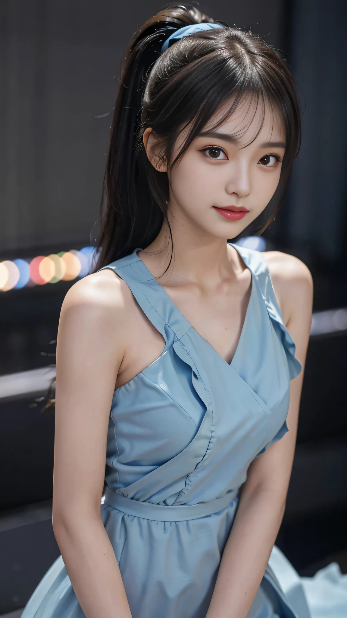 Close up face,standing on stage,Blue colored long dress with lots of ruffles,One woman,masutepiece, The highest image quality, High quality, the background is clear,Beautiful woman, Japanese, Detailed, Detailed eyes, Detailed skin, Beautiful skin, 超hight resolution, (reality: 1.4),Very beautiful woman, Slightly younger face, Beautiful skin, slender, (Ultra photo realsisim), (hight resolution), (8K), (Very detailed) (beautifully detailed eyes), (super detailed), (Detailed face), view the viewer, Fine details, Detailed face, Staring straight ahead, Staring straight ahead, photos realistic, Bright lighting, Professional Lighting, Black hair,poneyTail,a baby face,fifteen years old,Hairstyle: ponytail,Long ponytail hairstyle,slight smile,neat and tidy clothing,Beautiful Japanese KPOP idol photo, hair style is ponytail, my eyes are double and wide, baby face, smile and look straight ahead, slender, small breasts,Blue ribbon on head,Close up face,