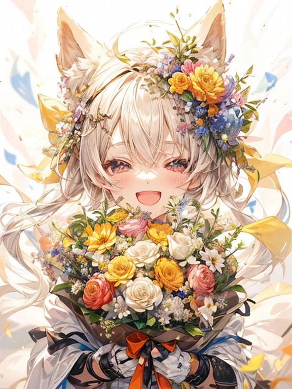 anime girl with a bouquet of flowers in her hand, pixiv contest winner, anime visual of a cute girl, happy and spirited expression, kawacy, top rated on pixiv, from arknights, official anime artwork, trending on artstation pixiv, guweiz on pixiv artstation, wrapped in flowers, made of flowers, guweiz
