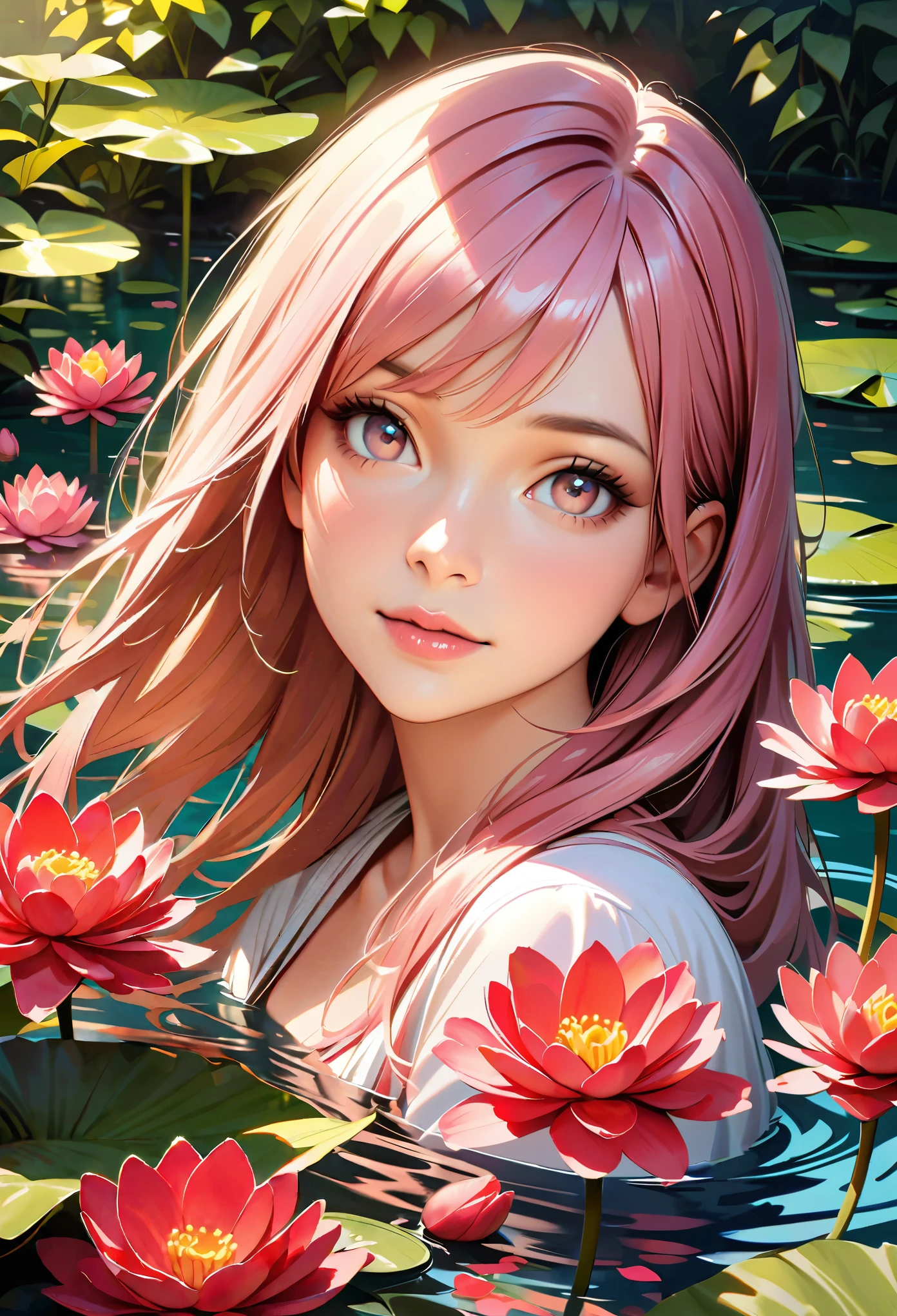 (best quality,realistic:1.37),A girl surrounded by beautiful water lilies,in a serene garden,with vibrant colors and sharp focus,illuminated by soft sunlight.Her eyes are detailed and captivating,with long eyelashes.The girl's face is extremely detailed,with a flawless complexion and rosy cheeks.Her lips are beautifully detailed,painted in a gentle pink shade.She is wearing an elegant white dress that flows gracefully around her.Vivid green leaves of various shapes and sizes frame the scene,creating a lush and peaceful atmosphere.The water lilies float delicately on the tranquil pond,their petals displaying shades of pink, purple, and white,while their leaves provide a vibrant green contrast. The sunlight reflects on the surface of the water,creating a shimmering effect.The garden is filled with the fragrance of flowers and the sound of buzzing insects,adding to the overall sensory experience.It is a masterpiece of nature, captured in this photorealistic painting.