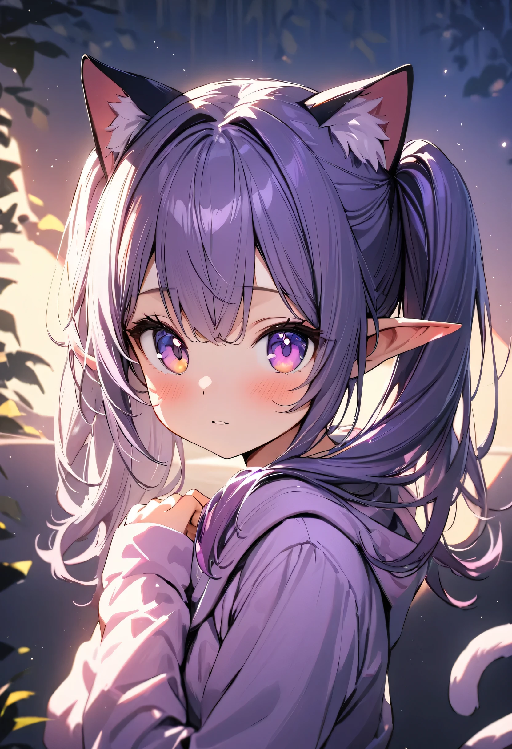 masterpiece, highest quality, Ultra high definition, Ultra-fine, 4K, 8k, highest quality, beautiful, pretty girl，Elf，Purple hair twin tails，Eye Color: Yellow，Cat ear pajamas，6  great lighting, bloom, Exceptional resolution, Super detailed, highest quality, High resolution, 