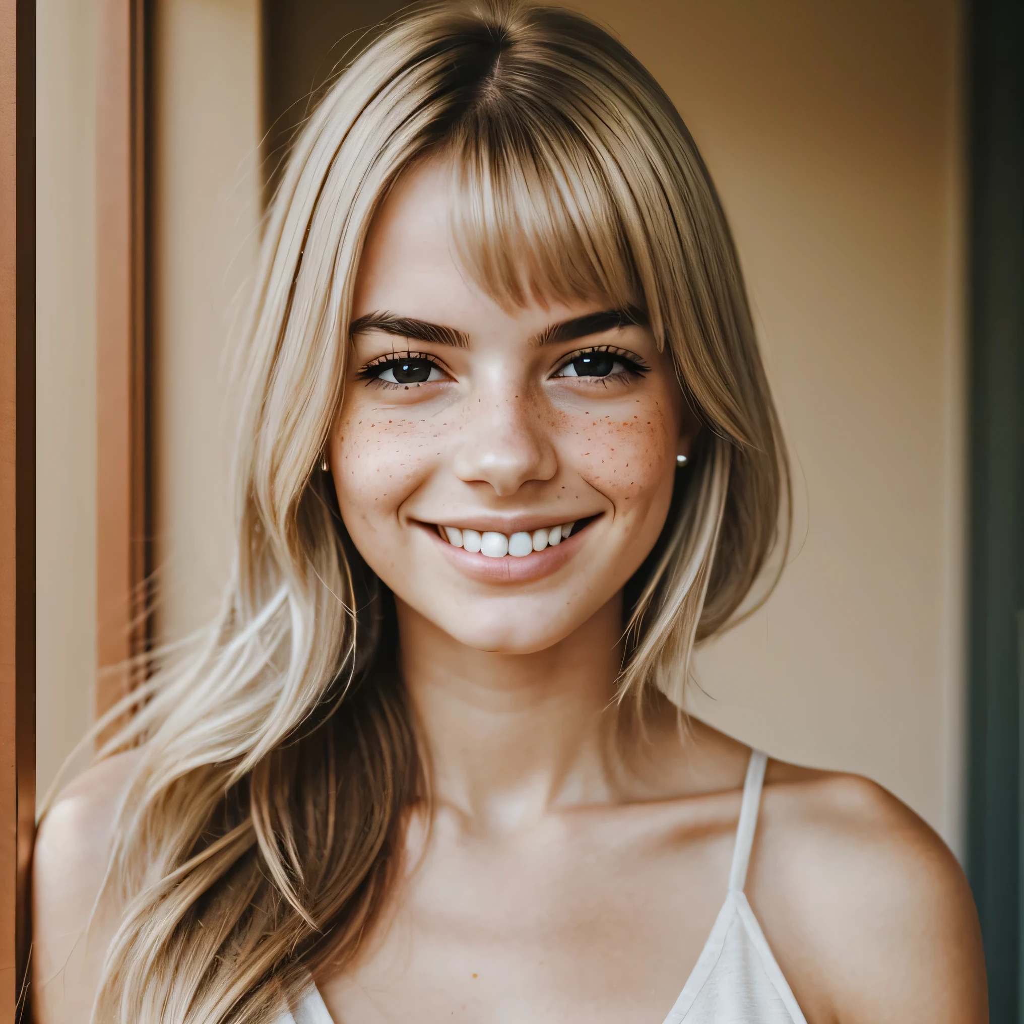 woman, Americana, 25 years, pale skin and freckles, Grey eyes, gentle nose, soft and tender lips, far, cabelo blondie far e ondulado na altura da cintura, Nice smile, face with delicate feminine features, highly visualized