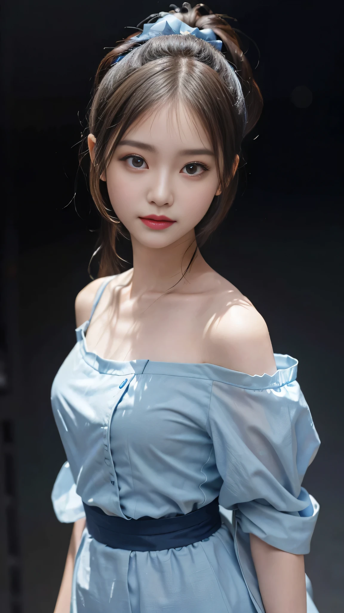 Close up face,standing on stage,Blue colored long dress with lots of ruffles,One woman,masutepiece, The highest image quality, High quality, the background is clear,Beautiful woman, Japanese, Detailed, Detailed eyes, Detailed skin, Beautiful skin, 超hight resolution, (reality: 1.4),Very beautiful woman, Slightly younger face, Beautiful skin, slender, (Ultra photo realsisim), (hight resolution), (8K), (Very detailed) (beautifully detailed eyes), (super detailed), (Detailed face), view the viewer, Fine details, Detailed face, Staring straight ahead, Staring straight ahead, photos realistic, Bright lighting, Professional Lighting, Black hair,poneyTail,a baby face,fifteen years old,Hairstyle: ponytail,Long ponytail hairstyle,slight smile,neat and tidy clothing,Beautiful Japanese KPOP idol photo, hair style is ponytail, my eyes are double and wide, baby face, smile and look straight ahead, slender, small breasts,Blue ribbon on head,Close up face,