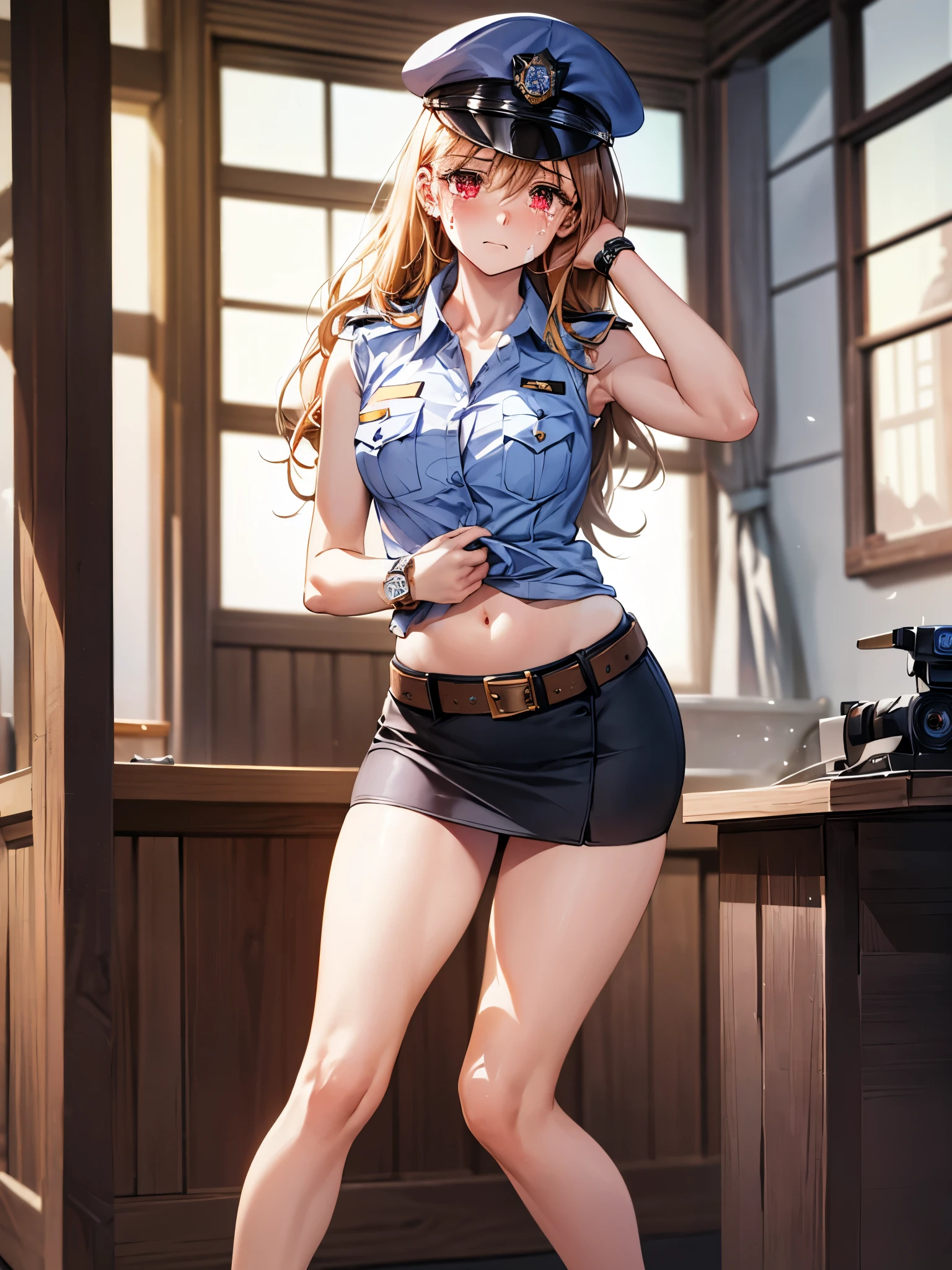 ((((one person)))),(((Perfect Anatomy, Very detailedな肌))), (((1 girl))), Japanese, Police Girl, Shiny skin, Small breasts:0.5, Are crying,(((Tears flowing))),avert your eyes, look up, Beautiful Hair, Beautiful Face, Beautiful fine details, (Long Hair:1.5,), Blonde, bangs, Hair between the eyes, Red eyes, Beautiful clavicle, Beautiful body, Beautiful breasts, Beautiful thighs, Beautiful feet, *********, Mole under the eye, ((Policewoman uniform, Light blue sleeveless shirt, Ultra mini skirt), belt, ((Precision Watches)),Police hat, Navel exposed,Captivating thighs , 8k, highest quality, Masterpiece​:1.2, Very detailed), (Realistic, photoRealistic:1.2), Beautiful illustrations, Cinema Lighting,Indoor Scene,Wooden wall,(((front,Are standing))),Knee shot from the photo below, Wide-angle, Nikon Z9 35mm F1.8