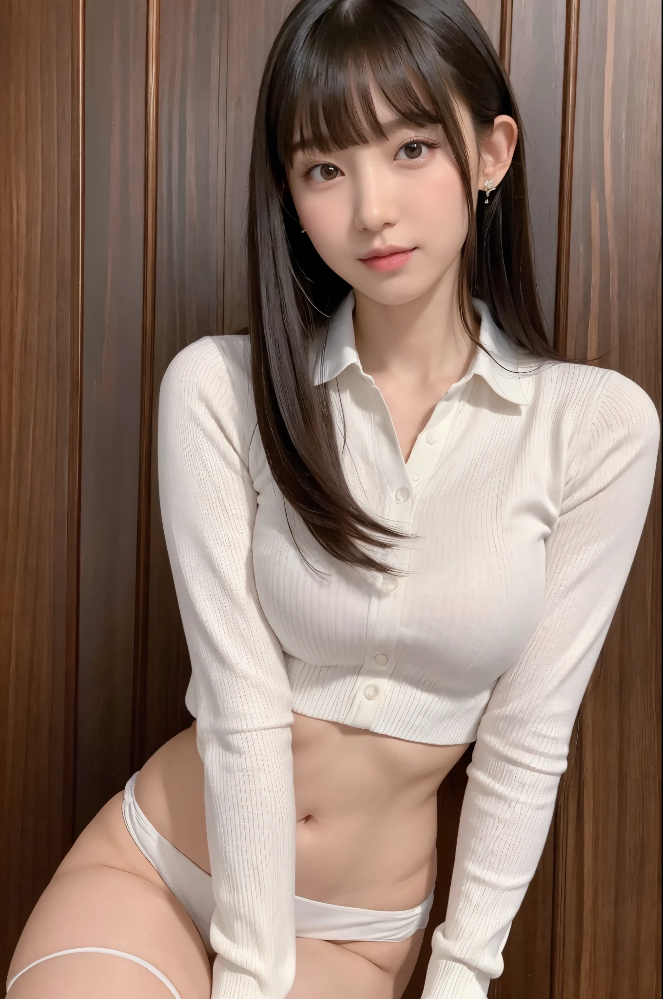 (In 8K, Raw photo, highest quality, Masseter muscle area:1.2), Ultra-detailed, Ultra-high resolution, (Realistic, Realistic photos:1.37), Portrait, High-resolution RAW color photos, Professional photography, hVery detailed and beautiful, Very detailed, 8k wallpaper, Incredibly detailed, Large file size, Official Art, hVery detailed beautiful girl, Very detailed顔, Very detailed目, Very detailed皮膚, Very detailed指, hVery detailed nose, Very detailed詳細な口, Perfect Anatomy, Detailed Background, Detailed clothing, ((1 girl)), 20th Generation, Realistic body, , White skin, Glowing Skin, The body is slim, Black-haired, Beaver, Long Hair, (Blunt bangs: 1.2), Cute face, Delicate eyes, Source Order, (school uniform), Appears up to the thighs, Earrings, (Look at the viewers), Cowboy Shot, Positive, Standing posture, Dynamic Lighting, A seductive smile, Thick lips, Fuller lips, Seductive face, Mischievous face