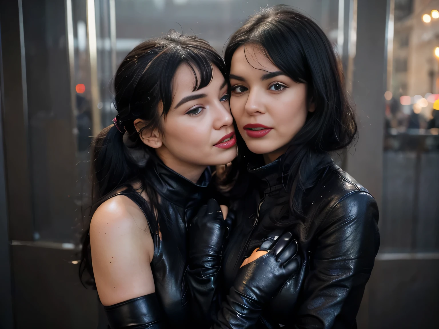 proFessional  photograph oF a gorgeous smiling happy soaked Bettie page girl and  her sister, (( grabbing her from behind, kissing on themouth, love and sex))dressed with a large black leather coat,ponytail Black hair, red lipstick,black long maxi-skirt(black long maxi-skirt:1.2),sultry Flirty look, gorgeous symmetrical Face, joli maquillage naturel, wearing elegant warm winter Fashion clothing,flirting with the camera, ((black leather gloves)), ultra realistic, art conceptuel, elegant, Very detailed, complexe, sharp Focus, depth oF Field, F/1. 8, 85mm, (((proFessionally color graded))), bright soFt diFFused light, (volumetric Fog), tendance sur Instagram, hdr 4k, 8K