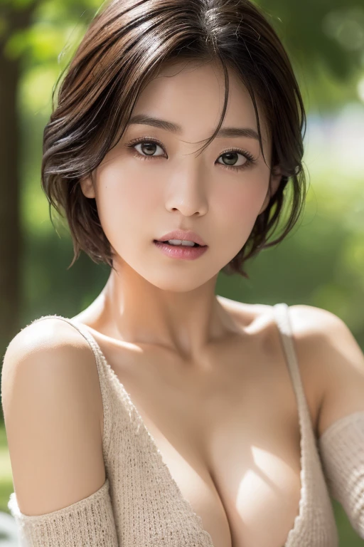 (masterpiece:1.3), (8k, Photorealistic, Raw photo, Best image quality: 1.4), Japanese women、A old woman、Woman in her 40iddle-aged woman、(Random Hairstyles:1.2)、Cleavage:1.2、Super detailed face、Attention to detail、Slanted Eyes、double eyelid、Put your chest together、Sharp focus:1.2、Light brown hair、Sporty short hair、Wet Hair、highest quality、masterpiece、超A high resolution、(Photorealistic:1.4)、Highly detailed and professional lighting、Sleepy look、Tired look、Eyes that seem to close、Loose, lightweight knitwear、Shoulder out、thin、Open your mouth wide、Drinking juice through a straw、Deadly position