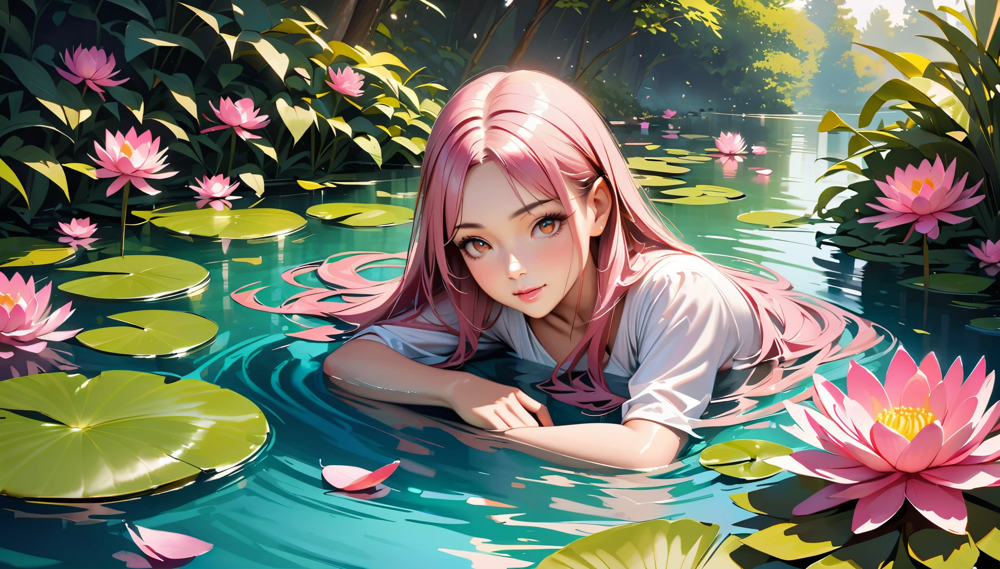 (best quality,realistic:1.37),A girl surrounded by beautiful water lilies,in a serene garden,with vibrant colors and sharp focus,illuminated by soft sunlight.Her eyes are detailed and captivating,with long eyelashes.The girl's face is extremely detailed,with a flawless complexion and rosy cheeks.Her lips are beautifully detailed,painted in a gentle pink shade.She is wearing an elegant white dress that flows gracefully around her.Vivid green leaves of various shapes and sizes frame the scene,creating a lush and peaceful atmosphere.The water lilies float delicately on the tranquil pond,their petals displaying shades of pink, purple, and white,while their leaves provide a vibrant green contrast. The sunlight reflects on the surface of the water,creating a shimmering effect.The garden is filled with the fragrance of flowers and the sound of buzzing insects,adding to the overall sensory experience.It is a masterpiece of nature, captured in this photorealistic painting.