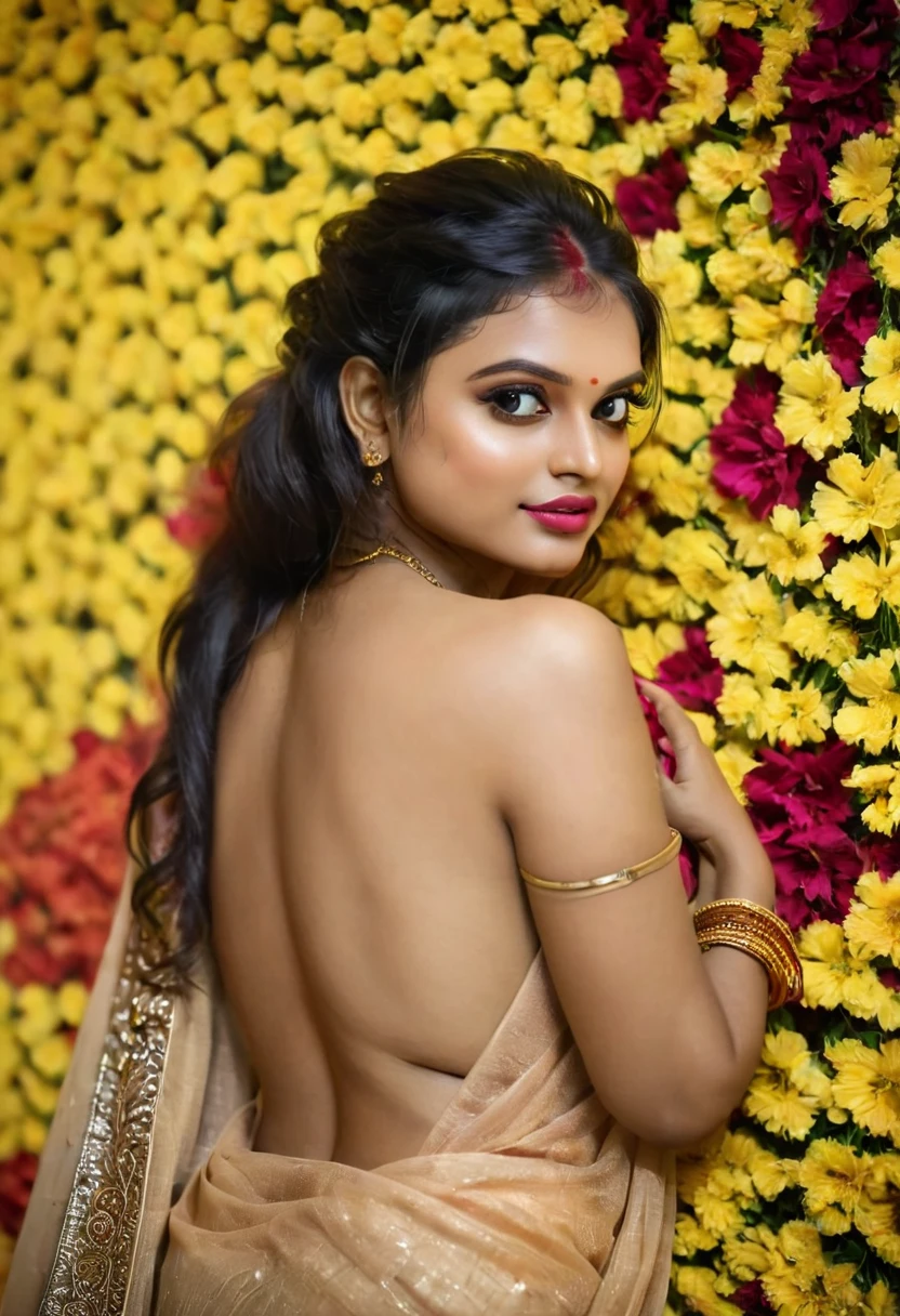 (best quality,4k,8k,highres,masterpiece:1.2),ultra-detailed,(realistic,photorealistic,photo-realistic:1.37),hot kerala girl in studio,20 years old,sexy wedding saree,firm breast,sexy ass,hourglass figure,slim body, honeymoon mood,sexy eyes,beautiful detailed lips,longeyelashes,medium breast,fit body,vivid colors,studio lighting,sharp focus,physically-based rendering,ultra-fine painting,professional,palette of warm tones,hints of gold,soft and sensual lighting