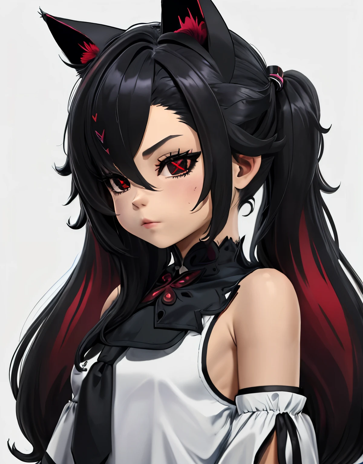 1 chica, solo, junkotvv ,((long hair slightly wavy slightly past the shoulders, black bangs, small black pigtails on the sides, cute cat ears, beautiful thin red eyes,)),, Pupilas en forma de X, Arle Blanco_traje, parte superior del cuerpo, cara enfocada