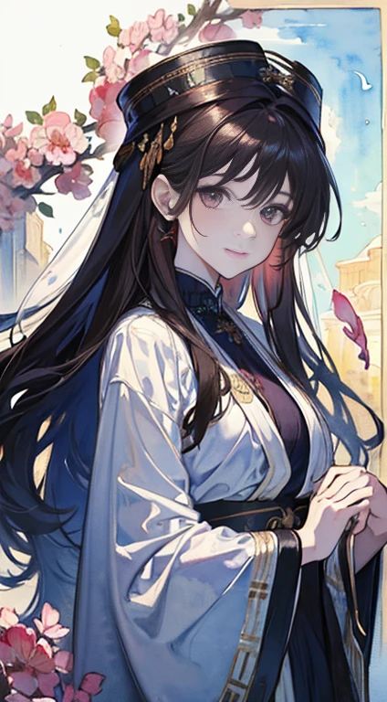 ((Watercolor by singer Sargent)) 21-year-old beauty, dark brown hair、longwavy hair、(eyes up)、(Looking at Viewer)、 Smiling happy woman, (Wear a loose robe)、robe: Flowing Goddess Costume Robe、