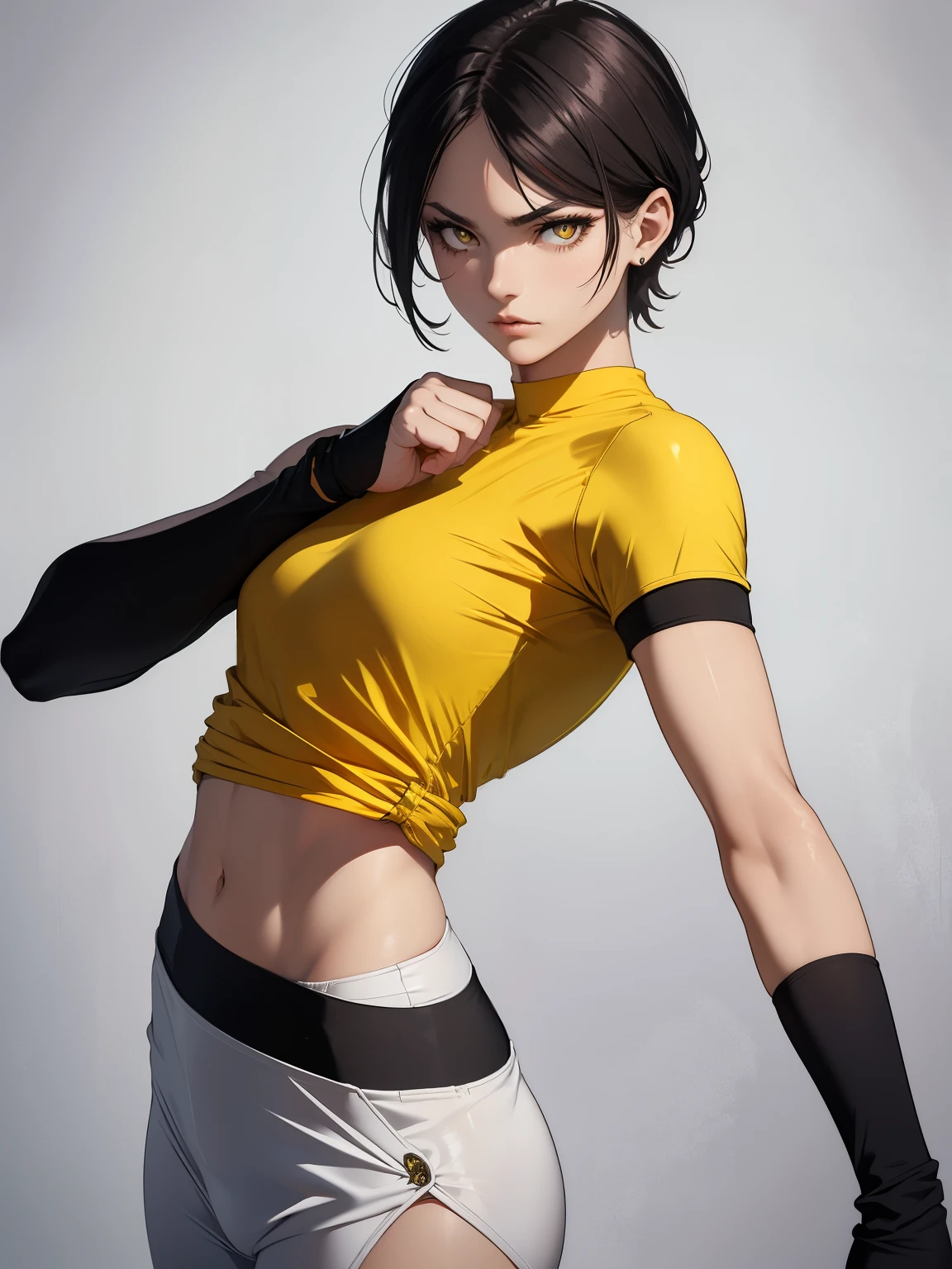 Furious Female boxer lifting the hands in clinch posture, yellow glowing eyes, yellow eyes, short hair wearing boxing gloves, punching the camera, makeup, mascara, Lips are subdued or colors, Minimalism, monotone, simple color palettes, Clean, sharp designs, flowing silhouettes, sports clothes, fighting clothes, high-waisted short, simple dresses, shirts, pants and blouses, asymmetrical, geometric, Elegant and luxurious materials and designs, Simple, minimal accessories, Distinctive designs, simple silhouettes, chic and mature impression, simple and sophisticated style, elegance, minimalism, high quality materials, cool and urban impression, high fashion, , simplicity and sophistication,