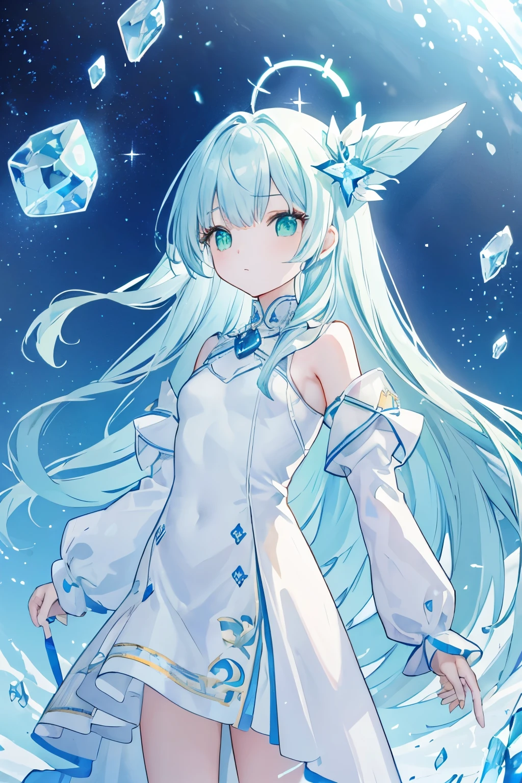 （Green long hair：10），****************，（Green eyes：10），Petite，clear blue sky，Ice Queen，Ice Pole，Huge iceberg，Gauze robe，ice flower，Ice，（There are a lot of ice chips on the head：10），Sloppy，weak