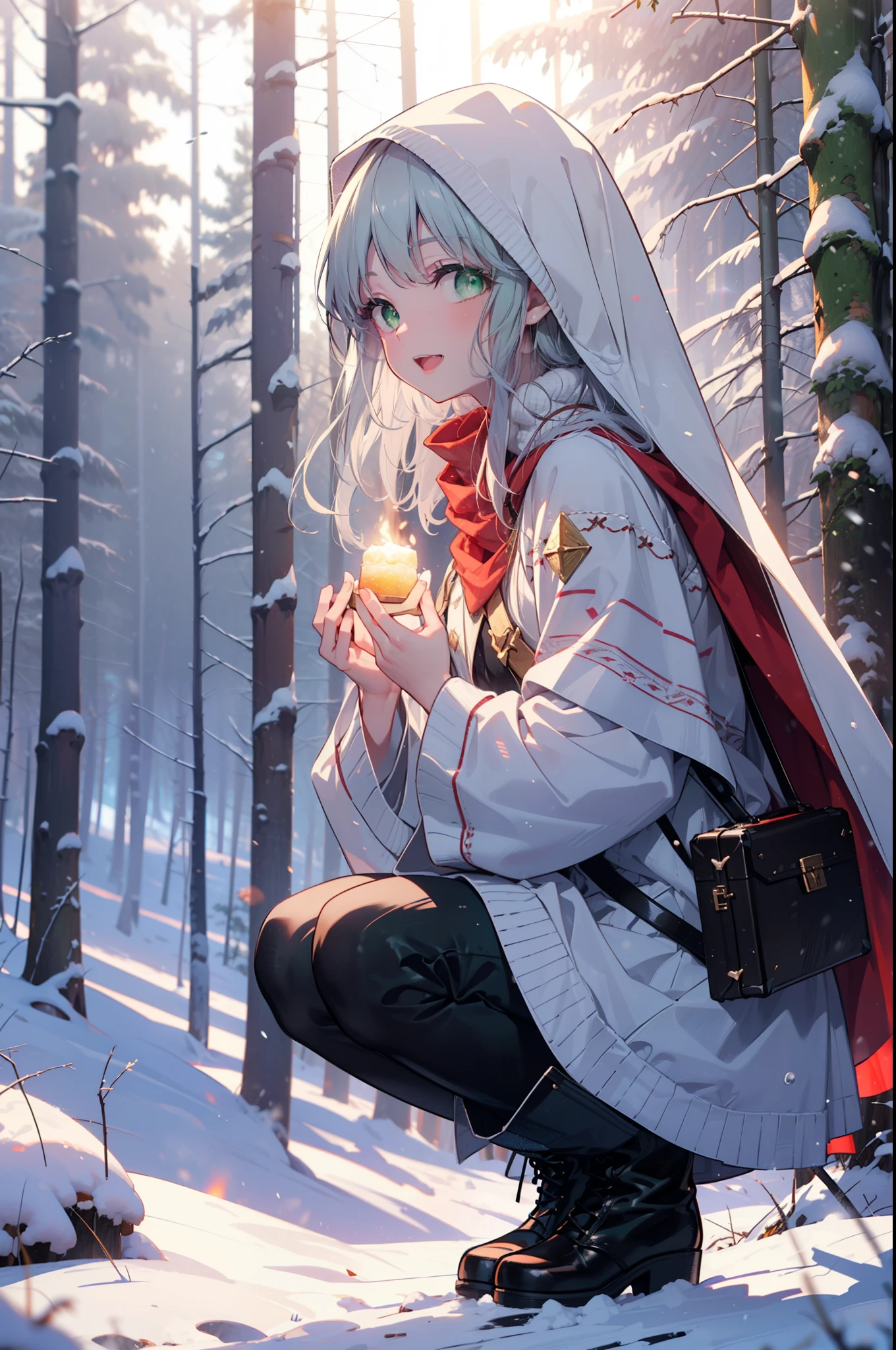 index, index, (Green Eyes:1.5), Silver Hair, Long Hair, (Flat Chest:1.2),happy smile, smile, Open your mouth,
Open your mouth,snow, fire, Outdoor, boots, snowing, From the side, wood, suitcase, Cape, Blurred, Food Up, forest, White handbag, nature,  Squat, Mouth closed, フードed Cape, winter, Written boundary depth, Black shoes, red Cape break looking at viewer, Upper Body, whole body, break Outdoor, forest, nature, break (masterpiece:1.2), highest quality, High resolution, unity 8k wallpaper, (shape:0.8), (Beautiful and beautiful eyes:1.6), Highly detailed face, Perfect lighting, Extremely detailed CG, (Perfect hands, Perfect Anatomy),