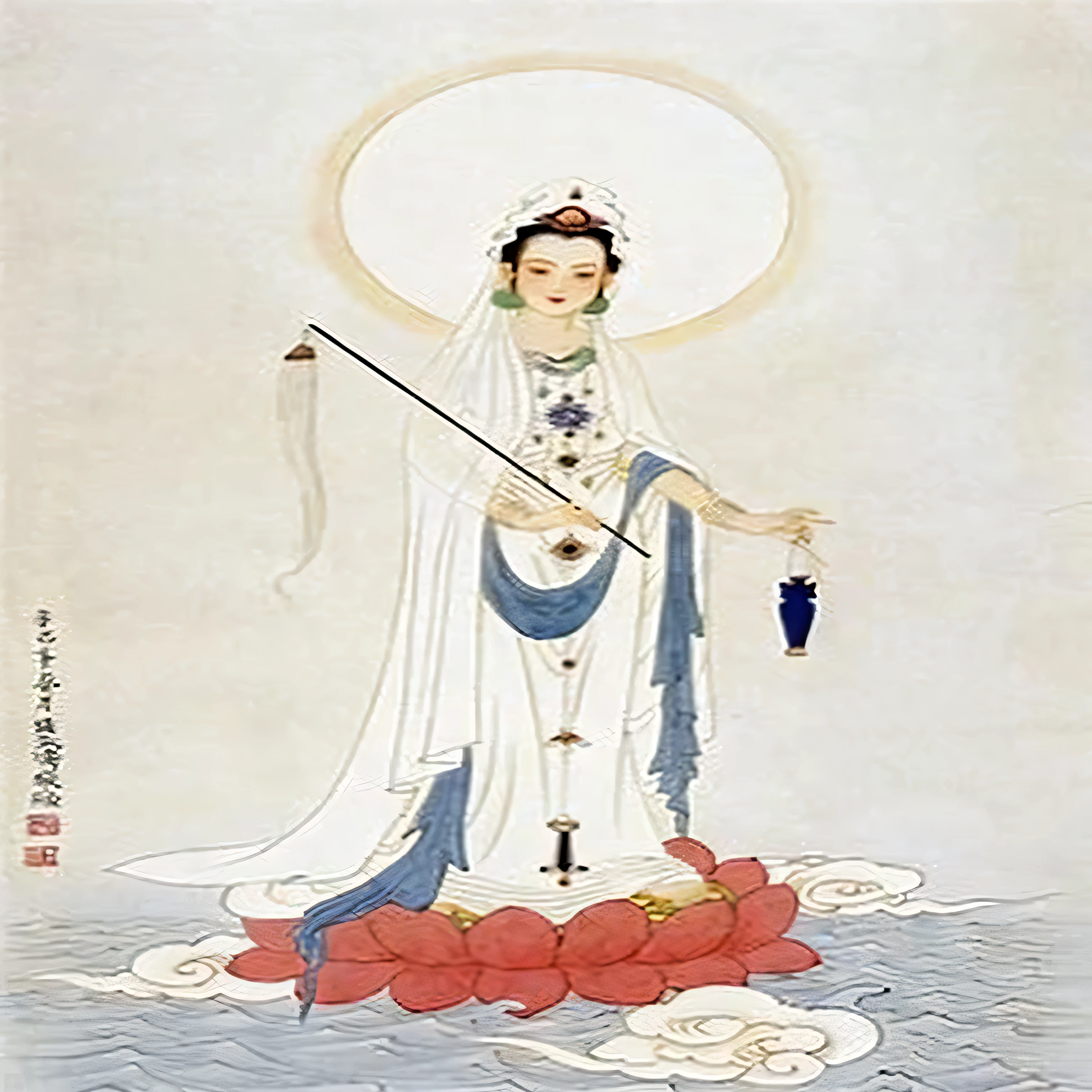 (a girl in a white dress holding a scepter, Guanyin, Guanyin of the southern seas, ancient Chinese goddess, white-haired deity, Amaterasu, ancient Chinese art style, bodhisattva, inspired by Lam Qua, by Du Qian, ancient Chinese beauty, by Du Qian, goddess)