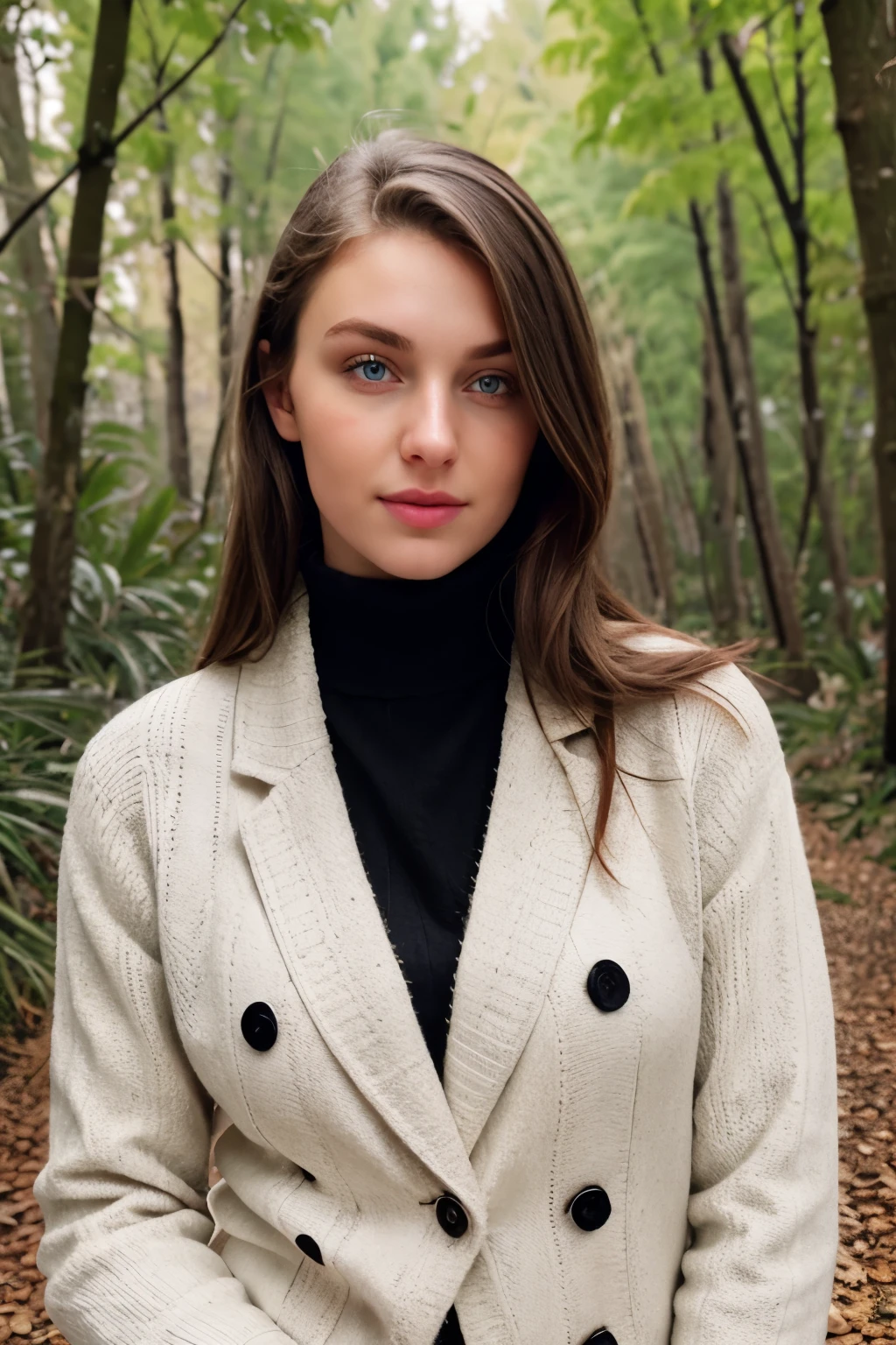 Instagram photo high quality, close-up short height European sexy cute blonde 20 years old girl, brunette, forest grey eyes, white blazer, white pants, black sweater, big head and short torso,