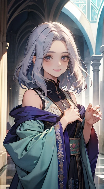 ((Aquarela do cantor Sargent)) Bela de 21 anos, cabelo castanho escuro、Cabelo ondulado longo、(olhos para cima)、(olhando para o espectador)、 mulher feliz sorridente, (Wear a loose manto)、manto: Robe de fantasia de deusa fluida、