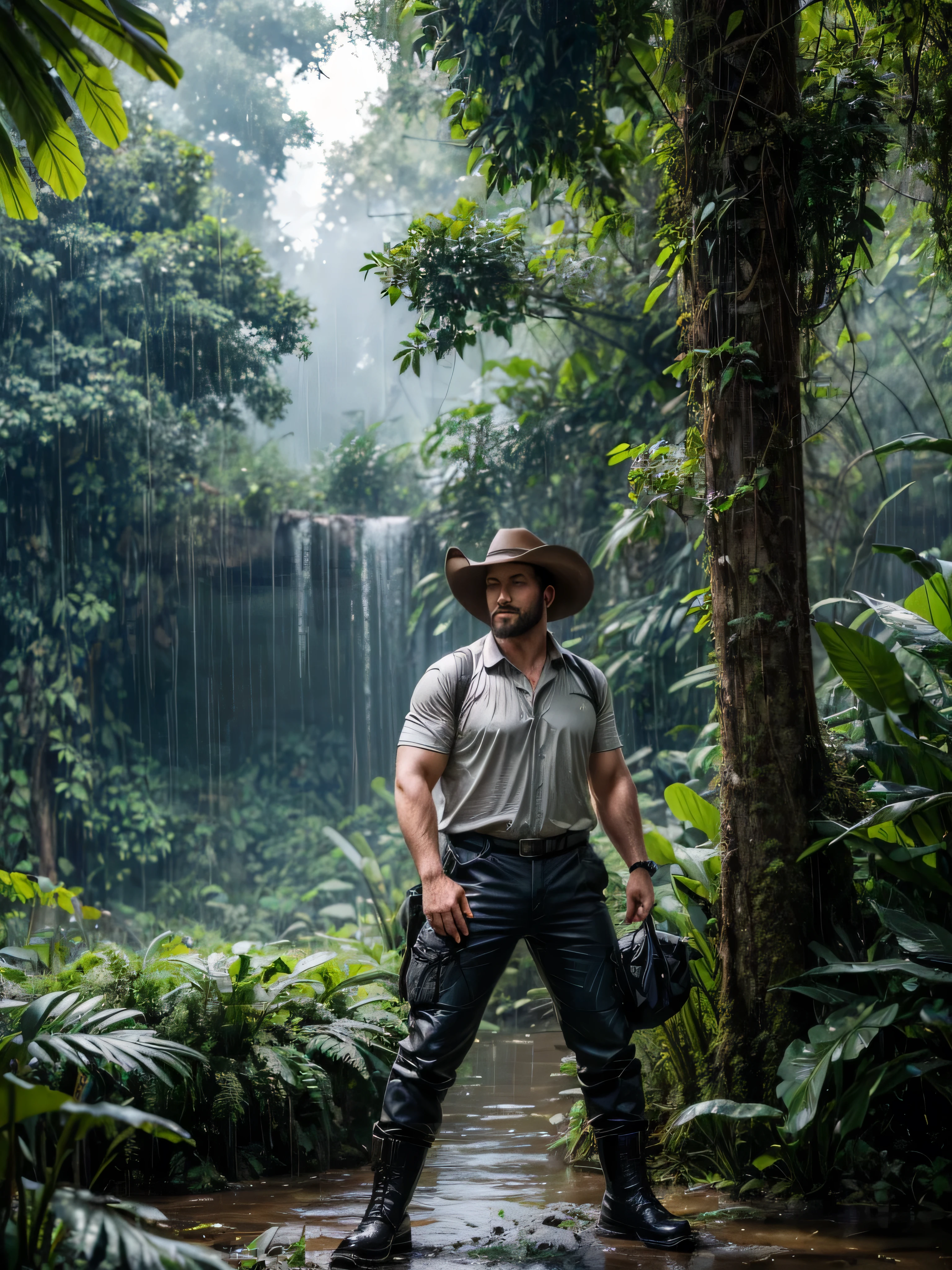 ((Realistic lighting, best qualtiy, 8K, ultra Realistic,masterpiece:1.3)), sharp focus:1.2, of a fat male, nerdy face, spectacles,  perfect body, sharp detailed body, realistic face, Highly detailed face, cowboy hat, trousers, shirts, boots, adventurer，explorer，sweating, wet, hiking，full body view((adventurer)),holding binoculars,jungles,oases,giant and wet trees, amazon, anaconda, panther, mist, rain