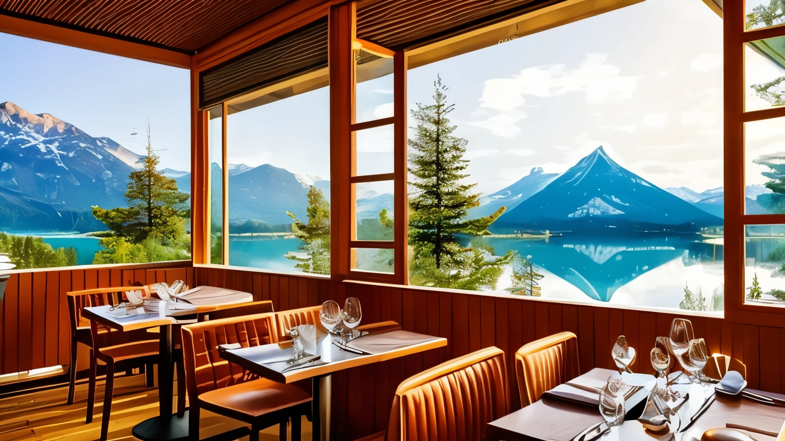 cheminée dans un restaurant chaleureux avec vue sur un lac, cadre hivernal, ambiance chaleureuse et paisible, ambiance chaleureuse, beautiful warm scene, pleasant ambiance chaleureuse, cadre cosy, Endroit confortable, Beautiful, detailed scene, environnement chaleureux, enchanted and comfortable scene, cozy cafe background, atmosphère relaxante, beautiful region of&#39;hiver, belle ambiance, Ambiance chaleureuse, Environnement magique, belle ambiance
