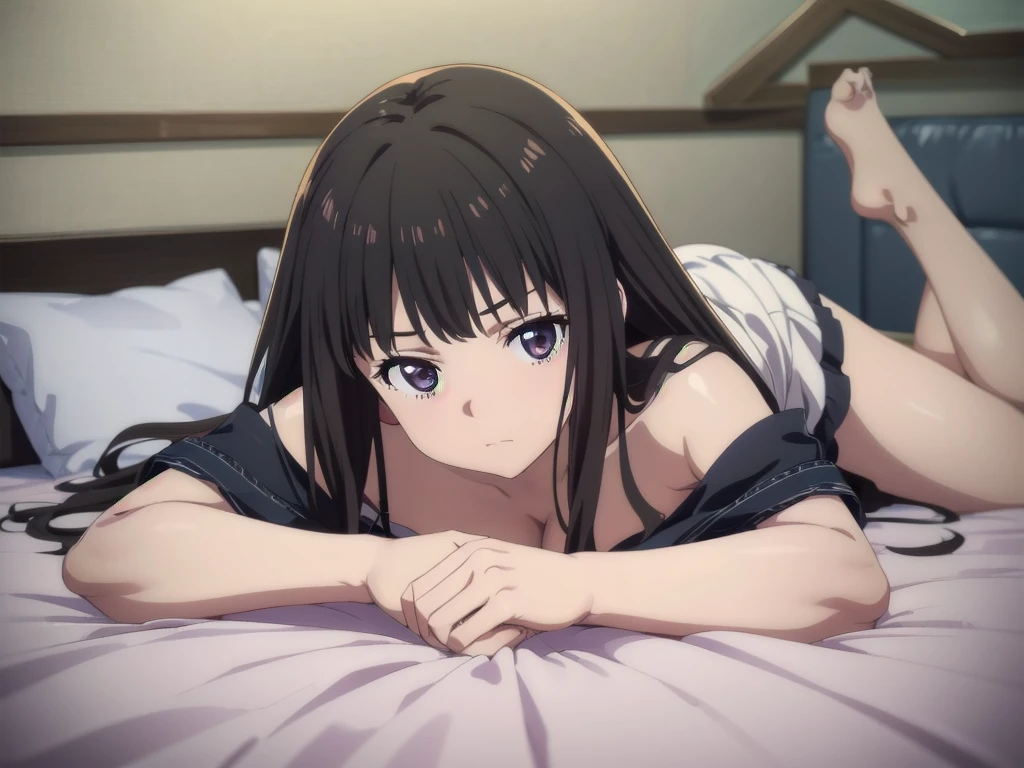 (((Pixel Perfect, Perfect detail))), ((alone, 1 girl)), takina inoue, Looking at the audience, Shut your mouth, cleavage, (lying prone on the bed:1.3), indoor, (full Body)