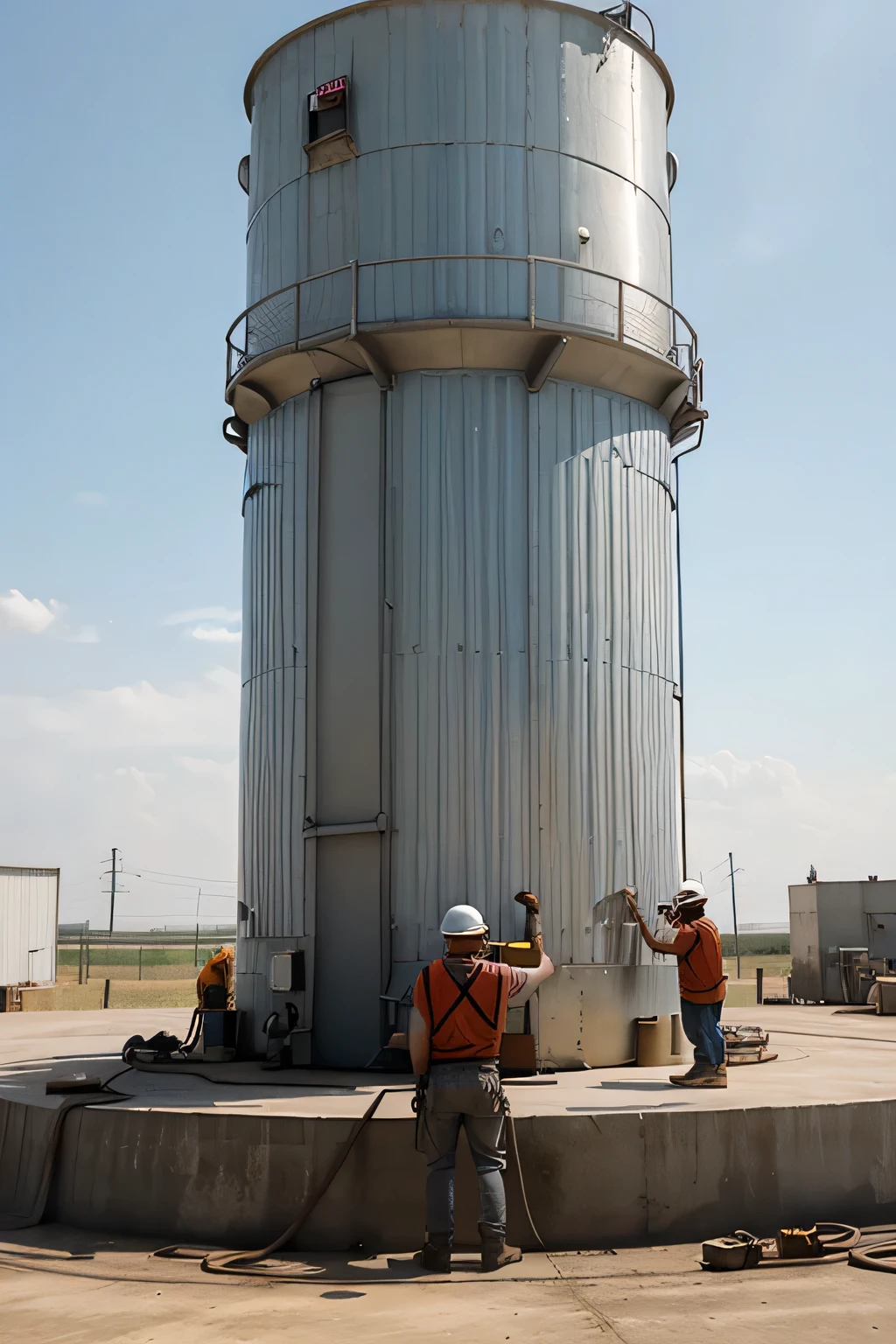 workers working on the top of a metal silo in high heat
