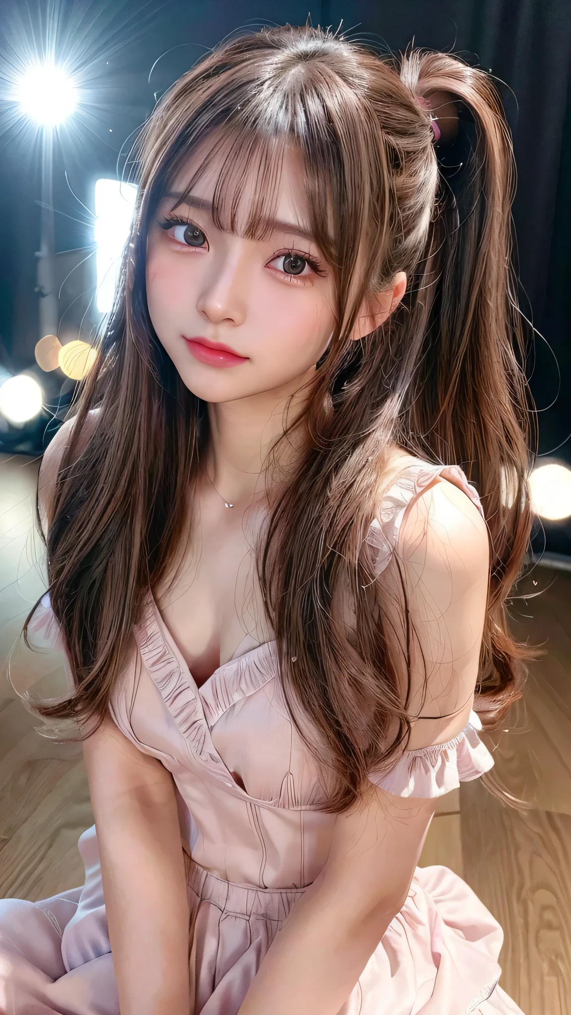Close-up of face,Blushing,Facing forward,Close-up of face,Small breasts,,Long hair ponytail,concert,On stage,((8K, Raw photo, Best Quality, Mastepiece:1.2), (Realism, Photorealistic:1.4), (Highly detailed 8K wallpapers), Depth of written boundary, Cinematic Lighting, Soft Light, Detailed Beauty Eye,Shiny and smooth light brown ponytail, Asymmetrical bangs, Shiny skin, Ultra-detailed skins ,It is high resolution., High detail, Detailed hairstyle, Detailed facial beauty, Hyper-realistic, Perfect limbs, Perfect Anatomy ,1 Japanese girl,Famous Japanese Idols, Perfect female body,A shy smile,Short eyelashes,Double-edged eyelids,Look straight here,Hair style: ponytail、She is wearing a skirt with lots of frills,The pose is random,Pink frilly dress,Close-up of face