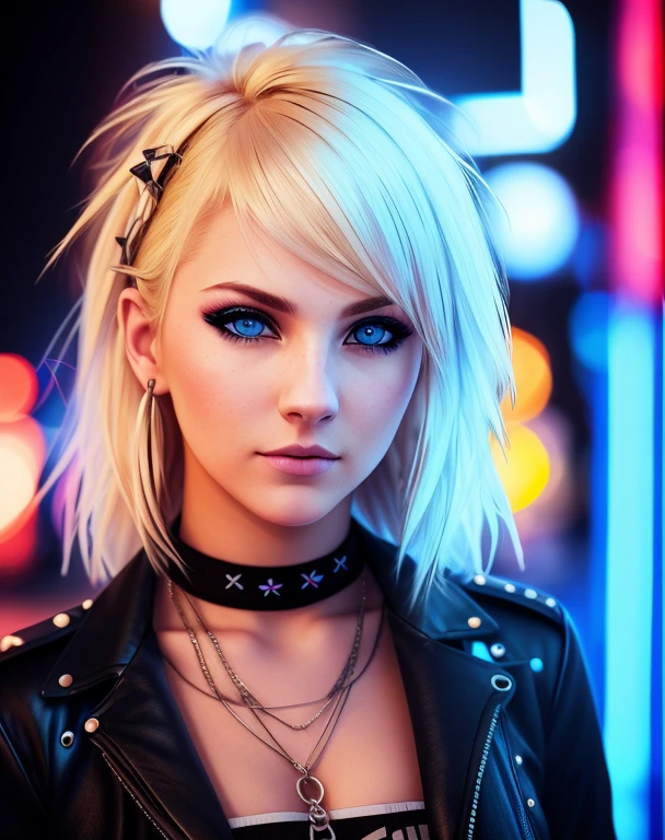 Blonde Punk Woman, blue eyes, with sidecute hair, skin texture, neon lights, night, detail face, detail backgrounds little blur, natural lights, HDR, photo realistic, professional photo, flirt with the viewer, wind