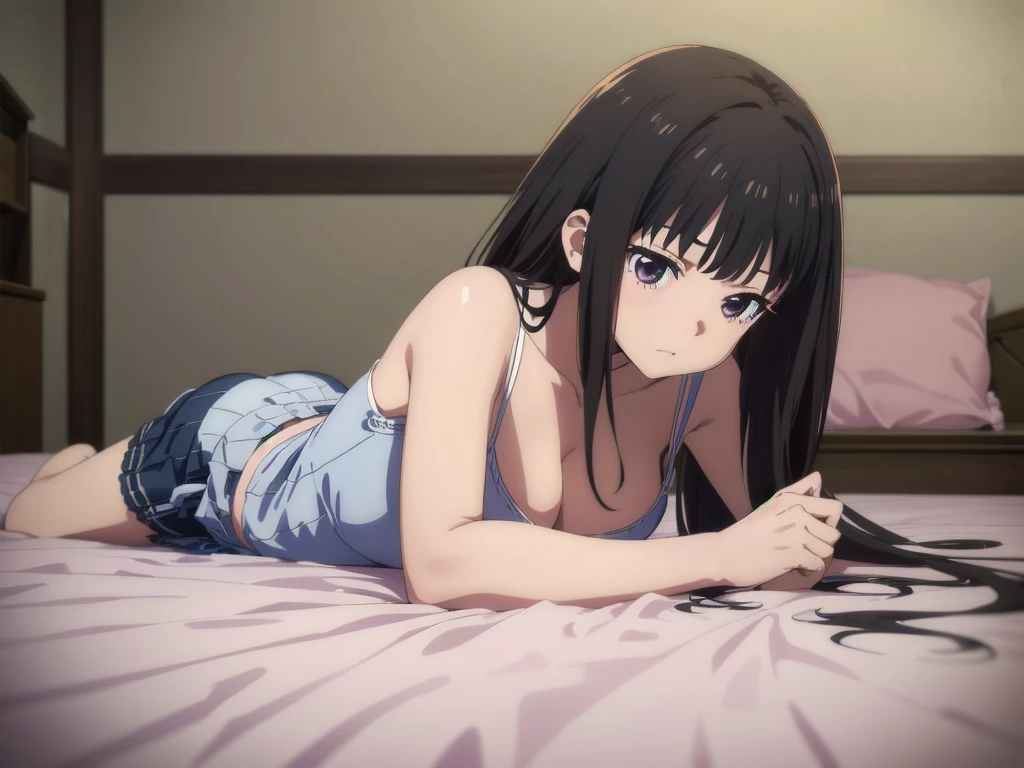(((Pixel Perfect, Perfect detail))), ((alone, 1 girl)), takina inoue, Looking at the audience, Shut your mouth, cleavage, (lying prone on the bed:1.3), indoor, (full Body)