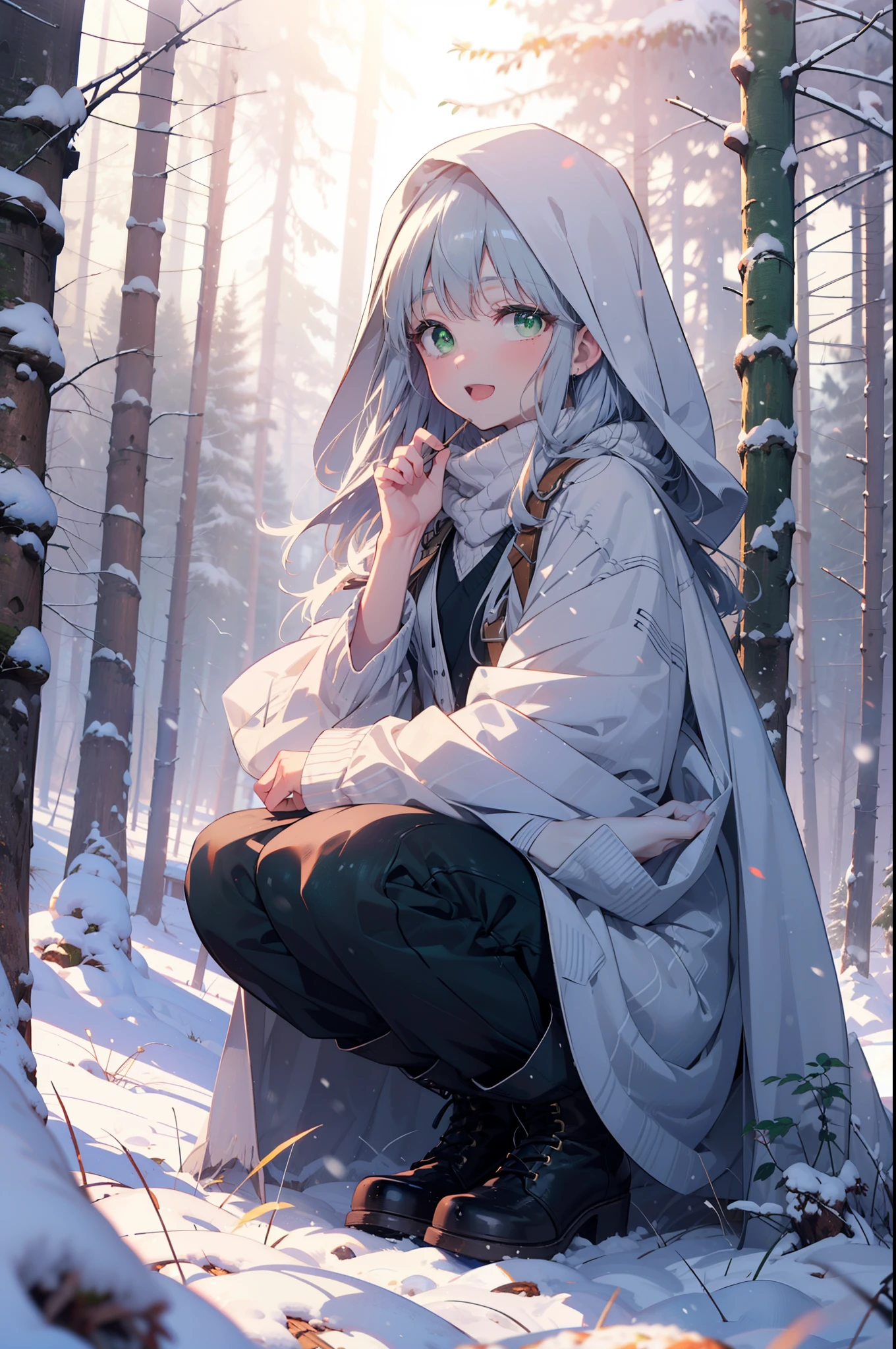 index, index, (Green Eyes:1.5), Silver Hair, Long Hair, (Flat Chest:1.2),happy smile, smile, Open your mouth,
Open your mouth,snow, fire, Outdoor, boots, snowing, From the side, wood, suitcase, Cape, Blurred, Food Up, forest, White handbag, nature,  Squat, Mouth closed, フードed Cape, winter, Written boundary depth, Black shoes, red Cape break looking at viewer, Upper Body, whole body, break Outdoor, forest, nature, break (masterpiece:1.2), highest quality, High resolution, unity 8k wallpaper, (shape:0.8), (Beautiful and beautiful eyes:1.6), Highly detailed face, Perfect lighting, Extremely detailed CG, (Perfect hands, Perfect Anatomy),