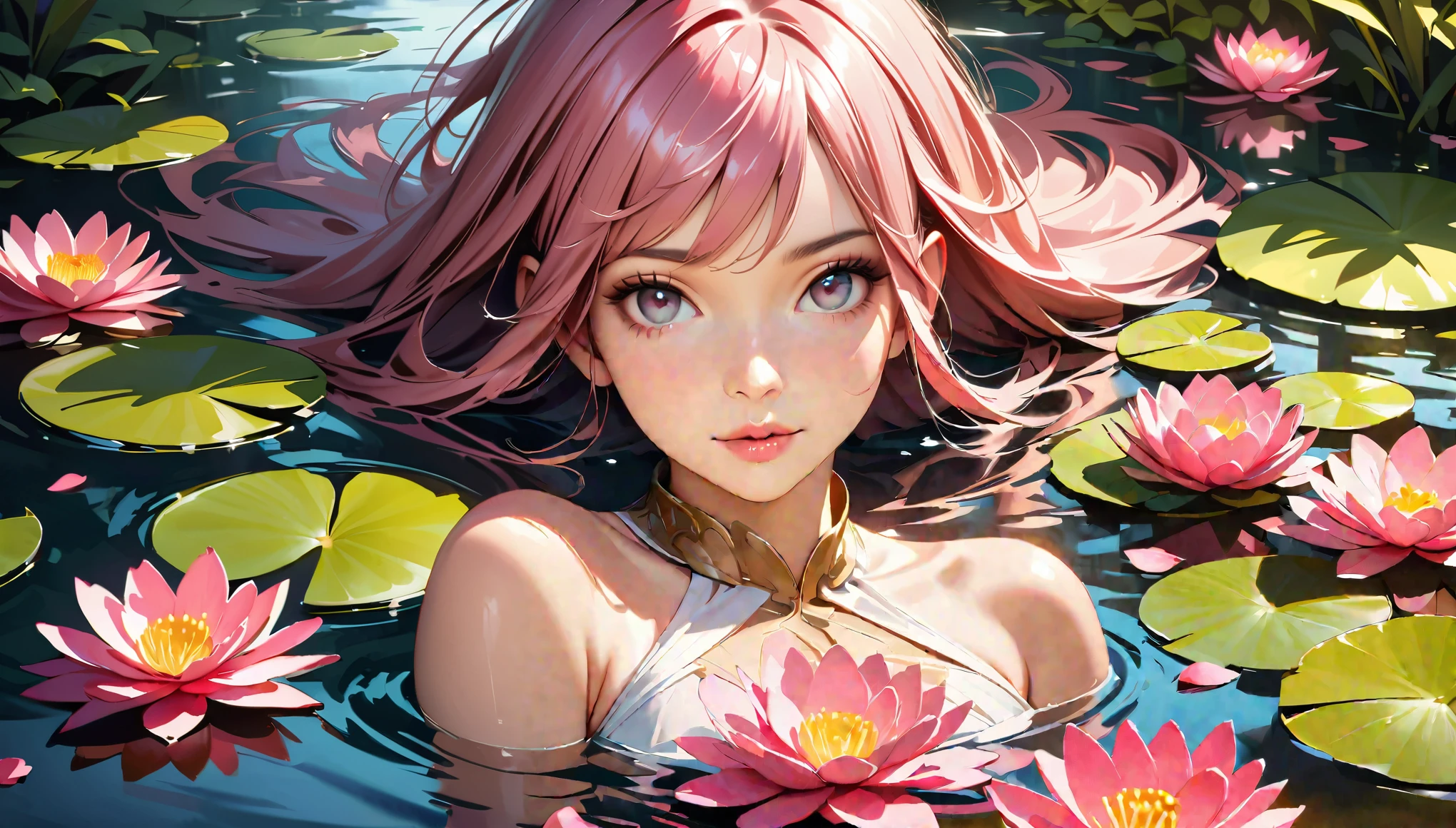 (best quality,realistic:1.37),A girl surrounded by beautiful water lilies,in a serene garden,with vibrant colors and sharp focus,illuminated by soft sunlight.Her eyes are detailed and captivating,with long eyelashes.The girl's face is extremely detailed,with a flawless complexion and rosy cheeks.Her lips are beautifully detailed,painted in a gentle pink shade.She is wearing an elegant white dress that flows gracefully around her.Vivid green leaves of various shapes and sizes frame the scene,creating a lush and peaceful atmosphere.The water lilies float delicately on the tranquil pond,their petals displaying shades of pink, purple, and white,while their leaves provide a vibrant green contrast. The sunlight reflects on the surface of the water,creating a shimmering effect.The garden is filled with the fragrance of flowers and the sound of buzzing insects,adding to the overall sensory experience.It is a masterpiece of nature, captured in this photorealistic painting.