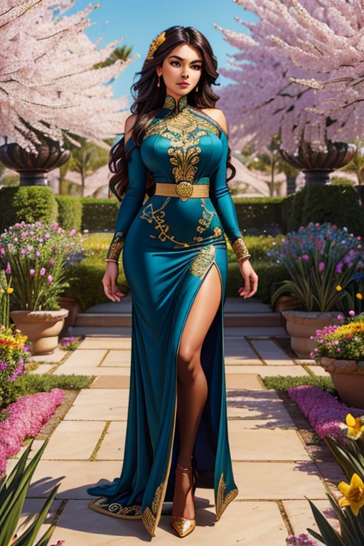 Best Quality,masterpiece,very sharp image,extremely beautiful woman,pinup,standing,highly detailed beautiful face,big eyelahes,minimum waist,gold embroided maxi slit dress, tights,long hair,excellent sense,(((one person))),highly detailed body,flower garden in spring scenario