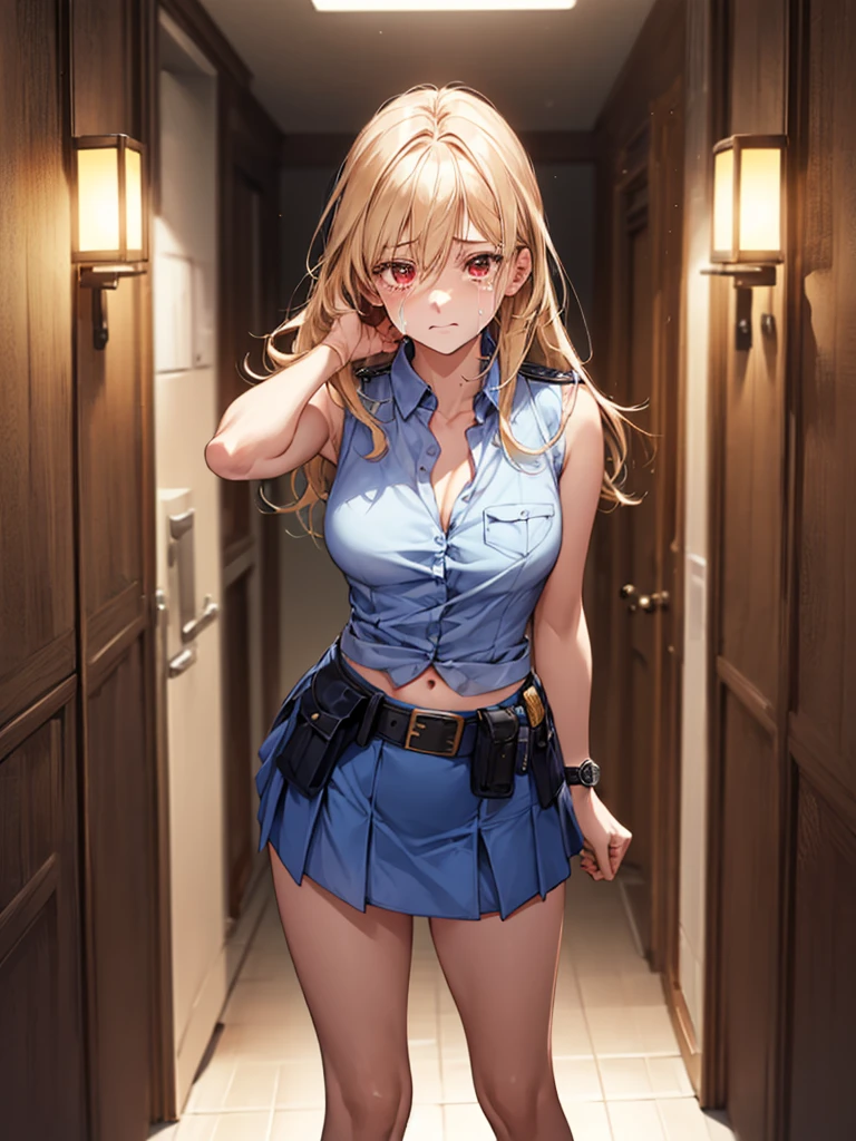 ((((one person)))),(((Perfect Anatomy, Very detailedな肌))), (((1 girl))), Japanese, Police Girl, Shiny skin, Small breasts:0.5, Are crying,(((Tears flowing))),avert your eyes, look up, Beautiful Hair, Beautiful Face, Beautiful fine details, (Long Hair:1.5,), Blonde, bangs, Hair between the eyes, Red eyes, Beautiful clavicle, Beautiful body, Beautiful breasts, Beautiful thighs, Beautiful feet, Baby Face, Mole under the eye, ((Policewoman uniform, Light blue sleeveless shirt, Ultra mini skirt), belt, ((Precision Watches)),Police hat, Navel exposed,Captivating thighs , 8k, highest quality, Masterpiece​:1.2, Very detailed), (Realistic, photoRealistic:1.2), Beautiful illustrations, Cinema Lighting,Dark corridor,Wooden wall,(((front,Are standing))),Cowboy Shot, Wide angle