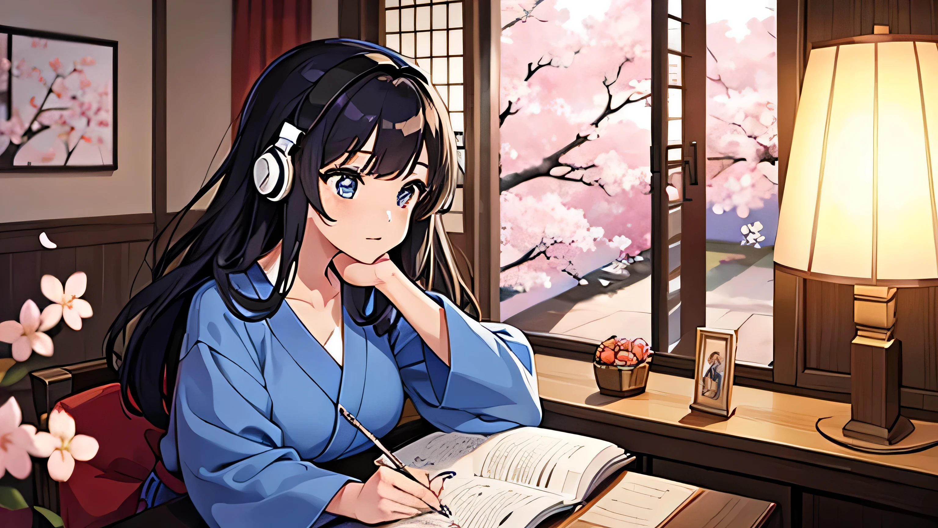 A beautiful girl studying while listening to music with headphones in a Western-style room Outside the room, cherry blossoms are blooming Japanese anime「A fashionable person attends」Wind Style