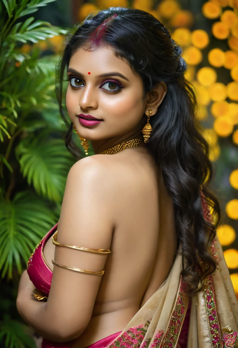 (best quality,4k,8k,highres,masterpiece:1.2),ultra-detailed,(realistic,photorealistic,photo-realistic:1.37),hot kerala girl in studio,20 years old,sexy wedding saree,firm breast,sexy ass,hourglass figure,slim body, honeymoon mood,sexy eyes,beautiful detailed lips,longeyelashes,medium breast,fit body,vivid colors,studio lighting,sharp focus,physically-based rendering,ultra-fine painting,professional,palette of warm tones,hints of gold,soft and sensual lighting