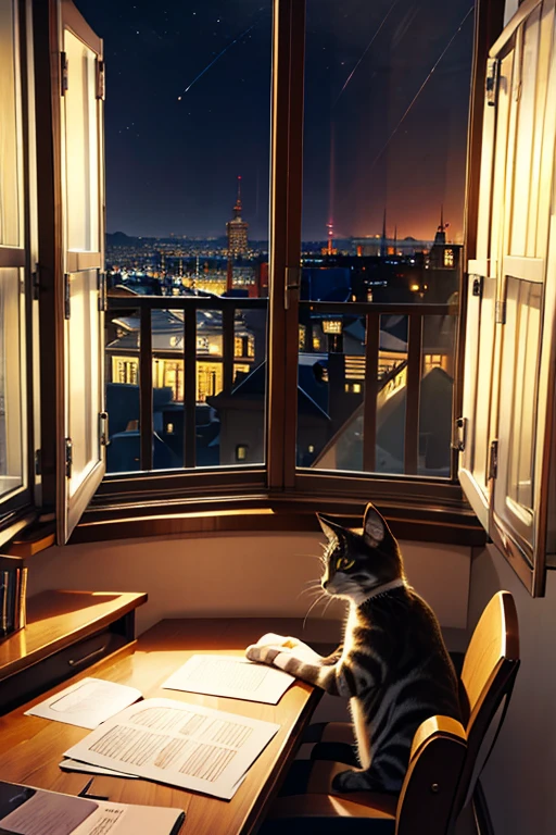 Study in the room, Cozy study desk, Large windows overlooking room with night view, (Gaze at the scenery), Floral notes，kitten munchkin