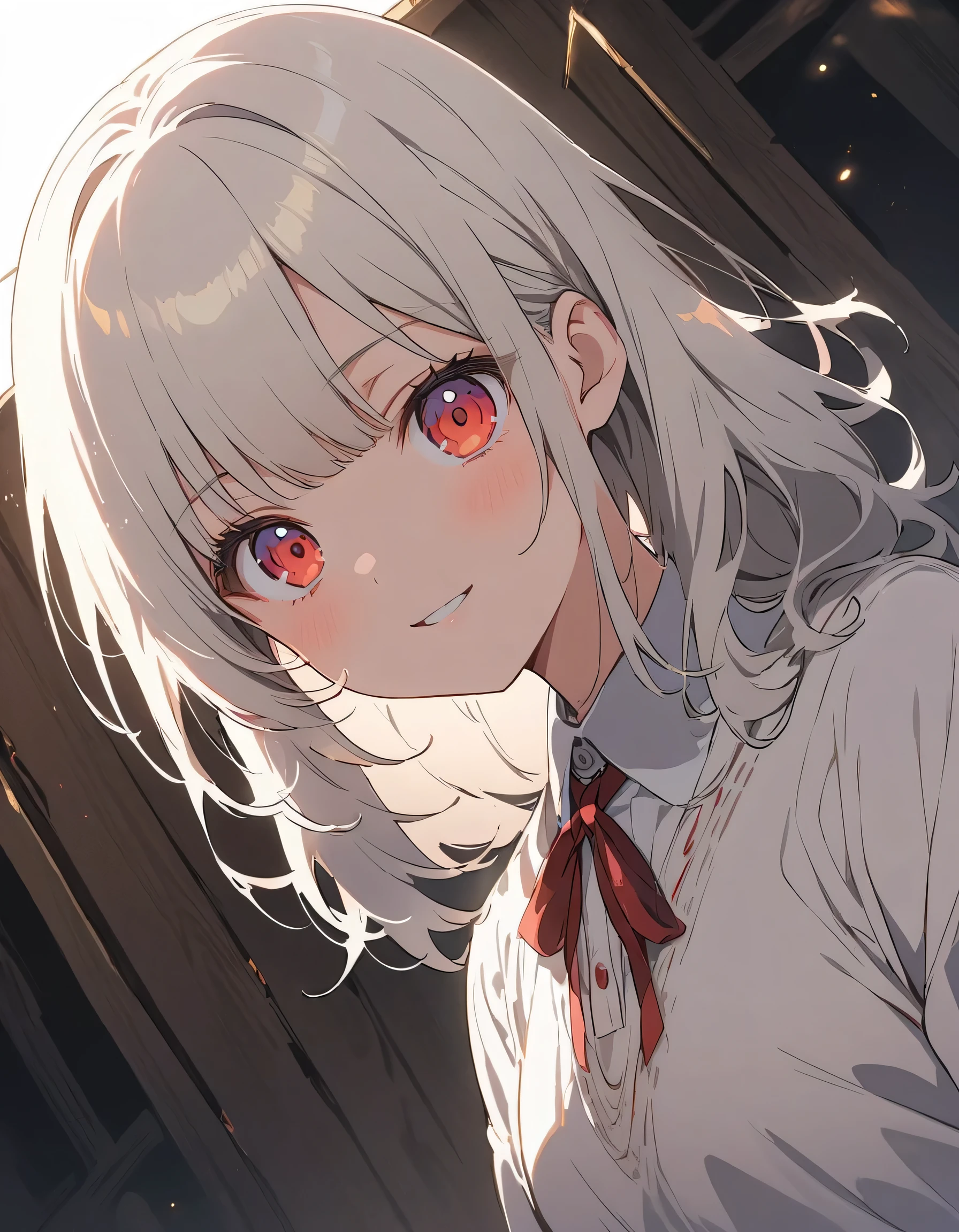 ((masterpiece,highest quality)),One girl,Beautiful fine details, Detailed face, (whole body:1.2), Long white hair, Red eyes,Small breasts, (Black background:1.2), Blood particles, Shaded face 、(highest quality、masterpiece、High resolution、detailed)、anime style、Flat Style、(Shine eyes、Beautiful Face), BREAK,1 girl、extremely detailed(The Shining), Best lighting, Best Shadow、Dynamic Angle、floating, (High saturation), (Shine), Focus on the face,anime