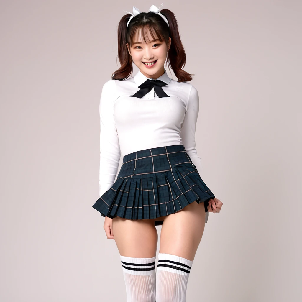 1 Girl,Young face,1８age,White skin,A big smile,16mm, ローライズでチェックの超Micro mini pleated skirt,Tight waist,Belly button exposed,Pose with one hand on hip and butt sticking out,Garter Stockings，Big, round hips，2mm, Full Frame, wide, (highest quality), Professional Lighting, (ultra High Resolution), High Resolution, (Cinematic lighting), 4k, 8k, masterpiece, Low angle view from under the feet，White knee-high socks,Garter Stockings，Big tits black pumps，Realistic Light, Natural light, Realistic Shadows, masterpiece, (highest quality:1.2), [:Intricate details:0.2], Large Breasts, Looking up from under your feet, Sparkling Aura, Intense concentration, Shining Mote,Korean Idol，Micro mini pleated skirt，Low-rise checkered mini skirt,Charming smile，White ribbon，Cleavage，ponytail，Skirt fluttering in the wind，，
