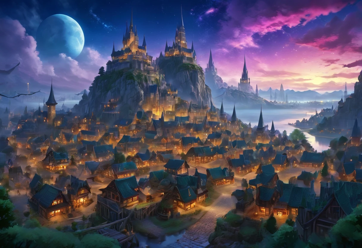 ((Elf Town: 1.5)), (masterpiece), (highest quality: 1.0), (Ultra-high resolution: 1.0), Detail view, Detailed landscape, Vibrant colores, 8k, evening, Lunar clouds, ((Magic, beautiful , wood: 1.4 )), ((highest quality, Vibrant, 32k clearly defined light and shadow)).