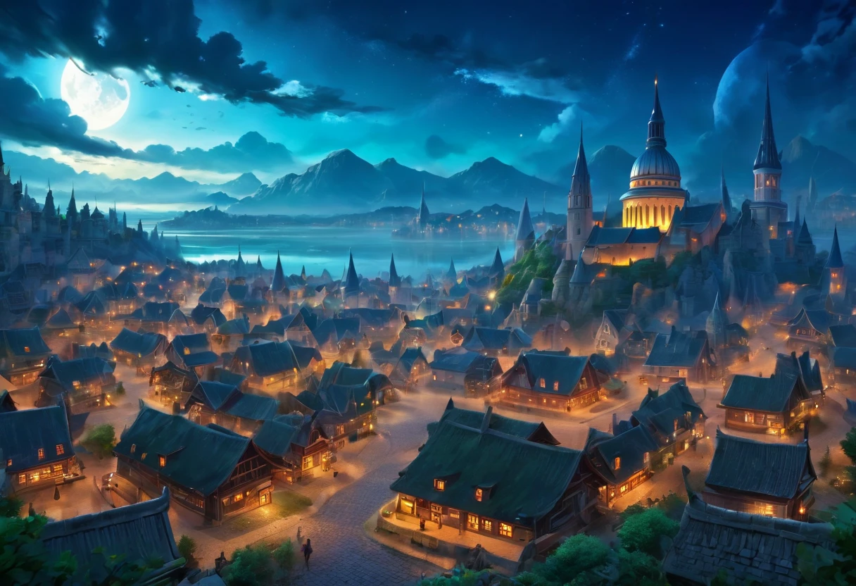 ((Elf Town: 1.5)), (masterpiece), (highest quality: 1.0), (Ultra-high resolution: 1.0), Detail view, Detailed landscape, Vibrant colores, 8k, evening, Lunar clouds, ((Magic, beautiful , wood: 1.4 )), ((highest quality, Vibrant, 32k clearly defined light and shadow)).