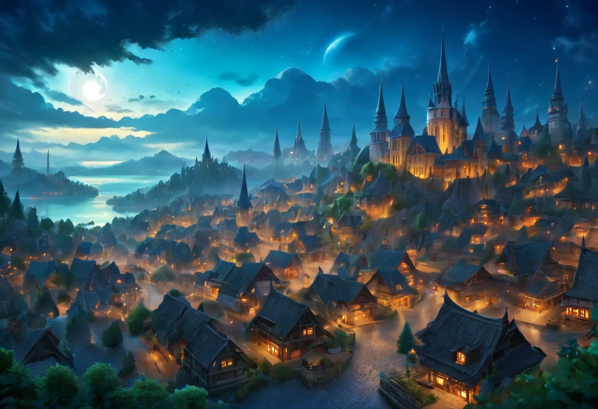 ((Elf Town: 1.5)), (masterpiece), (highest quality: 1.0), (Ultra-high resolution: 1.0), Detail view, Detailed landscape, Vibrant colores, 8k, evening, Lunar clouds, ((Magic, beautiful , wood: 1.4 )), ((highest quality, Vibrant, 32k clearly defined light and shadow)).