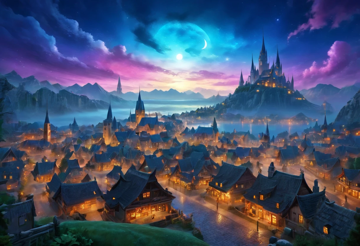 ((Elf Town: 1.5)), (masterpiece), (highest quality: 1.0), (Ultra-high resolution: 1.0), Detail view, Detailed landscape, Vibrant colores, 8k, evening, Lunar clouds, ((Magic, beautiful , wood: 1.4 )), ((highest quality, Vibrant, 32k clearly defined light and shadow)).