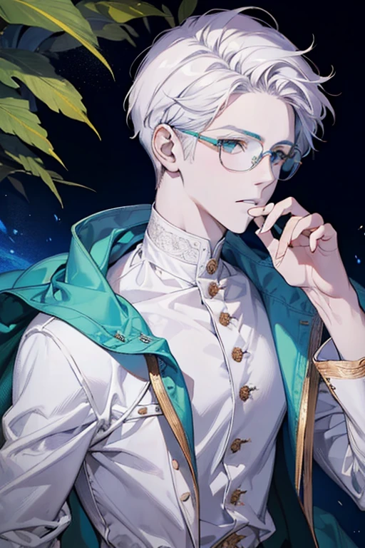((Masterpiece, Highest Quality)), Detailed Face, 1boy, young boy, white sweater, turquoise eyes, (((Top Quality))), Short hair, Shaved whiskey,Spits, white colored hair, Stylish glasses