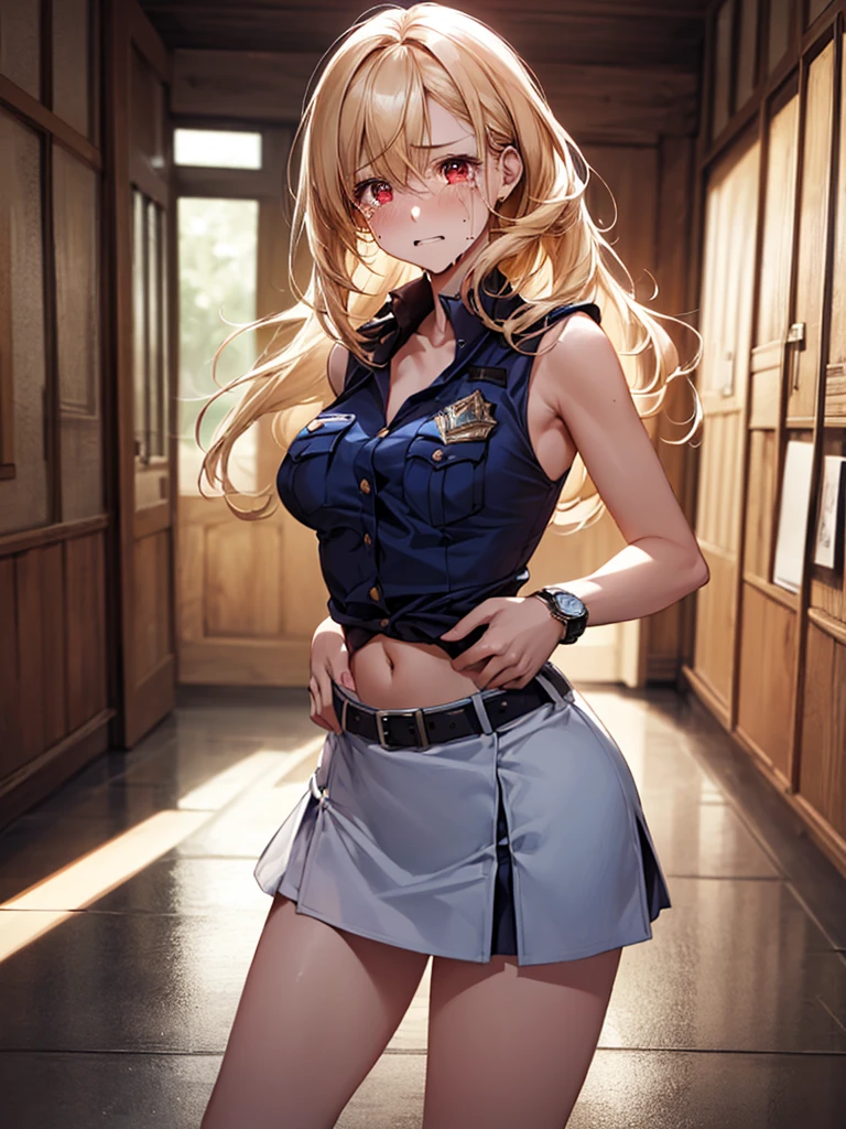 ((((one person)))),(((Perfect Anatomy, Very detailedな肌))), (((1 girl))), Japanese, Police Girl, Shiny skin, Small breasts:0.5, Are crying,(((Tears flowing))),avert your eyes, look up, Beautiful Hair, Beautiful Face, Beautiful fine details, (Long Hair:1.5,), Blonde, bangs, Hair between the eyes, Red eyes, Beautiful clavicle, Beautiful body, Beautiful breasts, Beautiful thighs, Beautiful feet, Baby Face, Mole under the eye, ((Policewoman uniform, Light blue sleeveless shirt, Ultra mini skirt), belt, ((Precision Watches)), Navel exposed,Captivating thighs , 8k, highest quality, Masterpiece​:1.2, Very detailed), (Realistic, photoRealistic:1.2), Beautiful illustrations, Cinema Lighting,Dark corridor,Wooden wall,(((front,Are standing))),Cowboy Shot, Wide angle